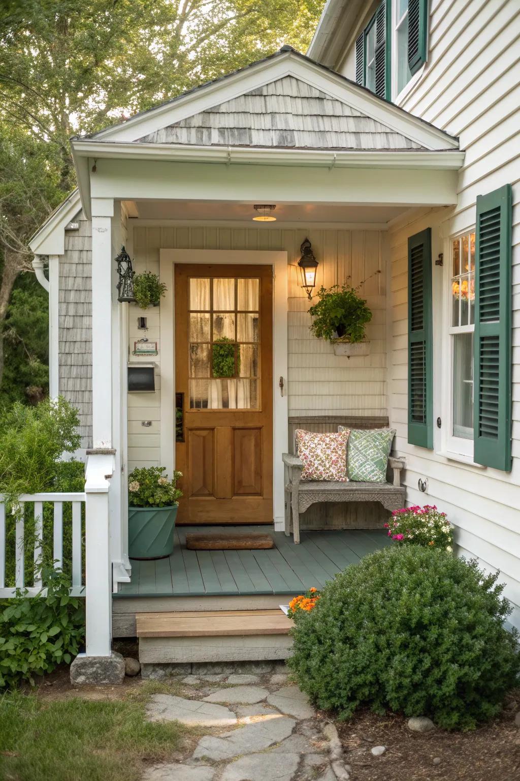 A welcoming porch with seating invites guests to enjoy this Cape Cod entrance.
