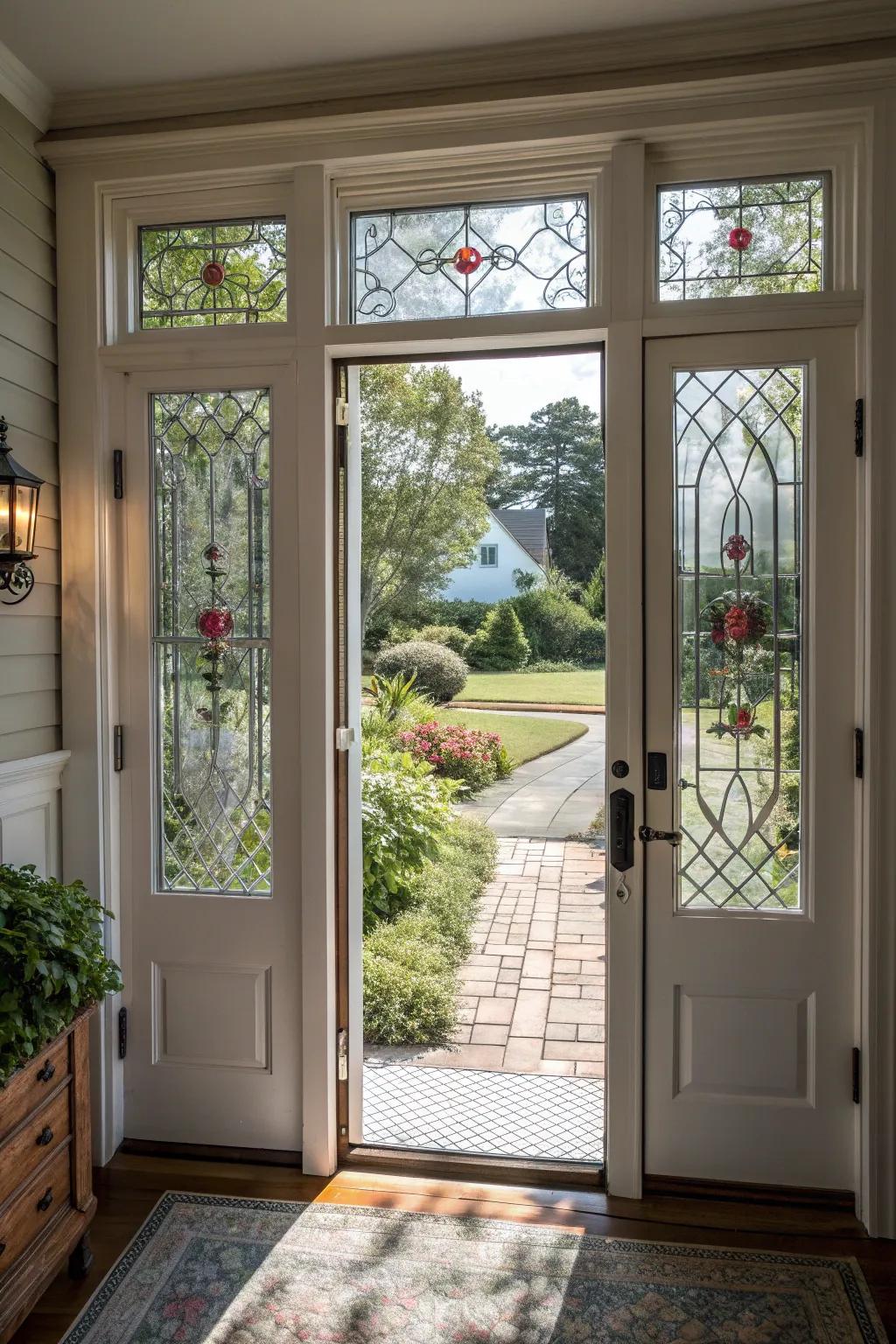 Decorative glass panels add elegance and light to this Cape Cod front door.