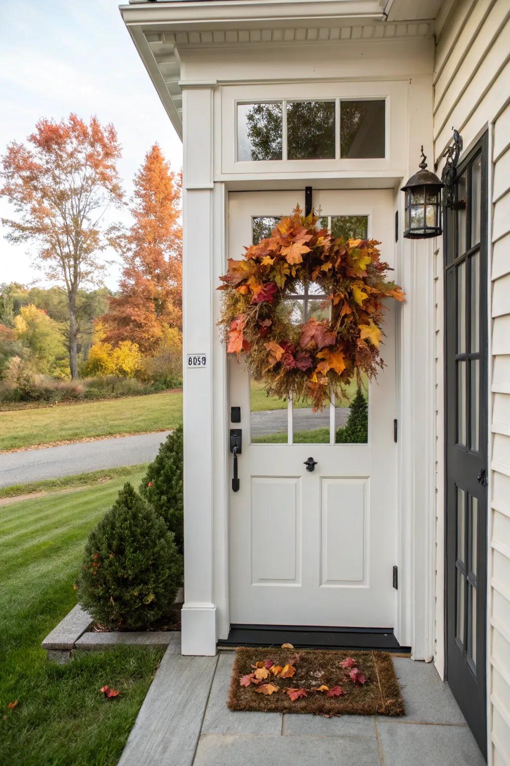 Seasonal decor like a fall wreath keeps this Cape Cod entrance fresh and inviting.