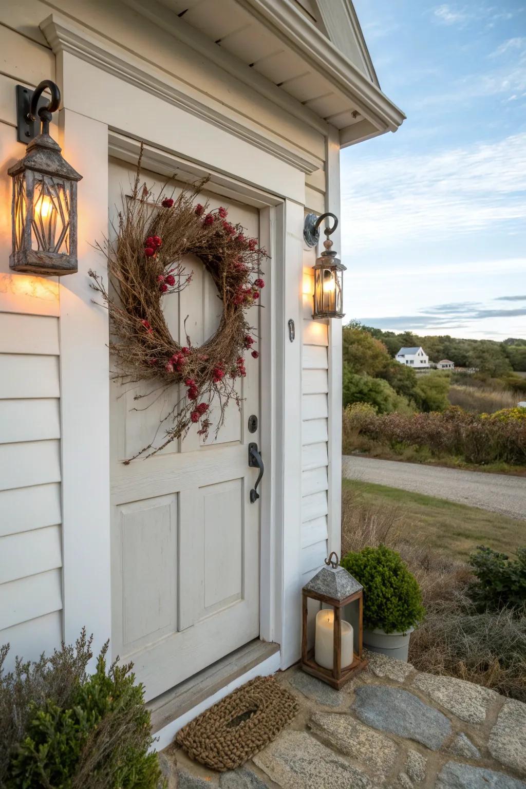 Rustic decor elements add warmth and charm to this Cape Cod entrance.