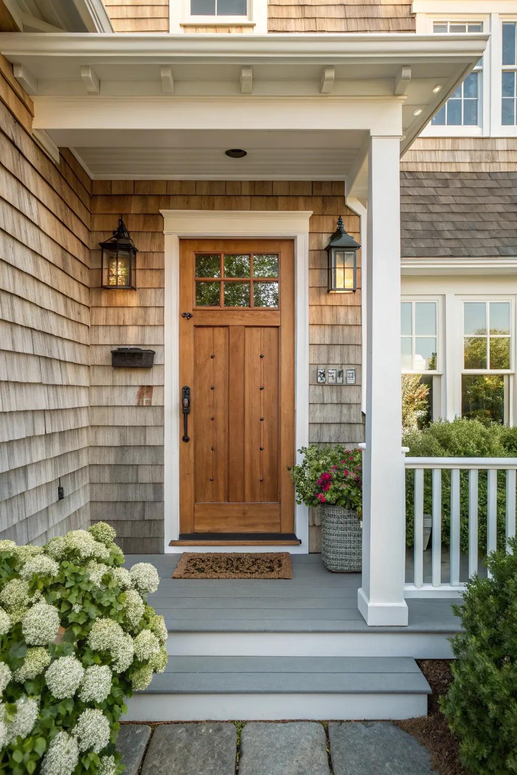 Unique textures like shiplap add depth to this Cape Cod front door.