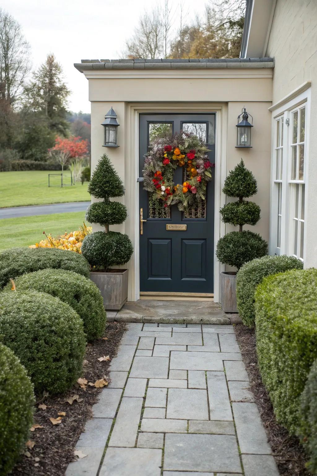 A classic door display with a vibrant seasonal wreath welcomes guests with festive charm.