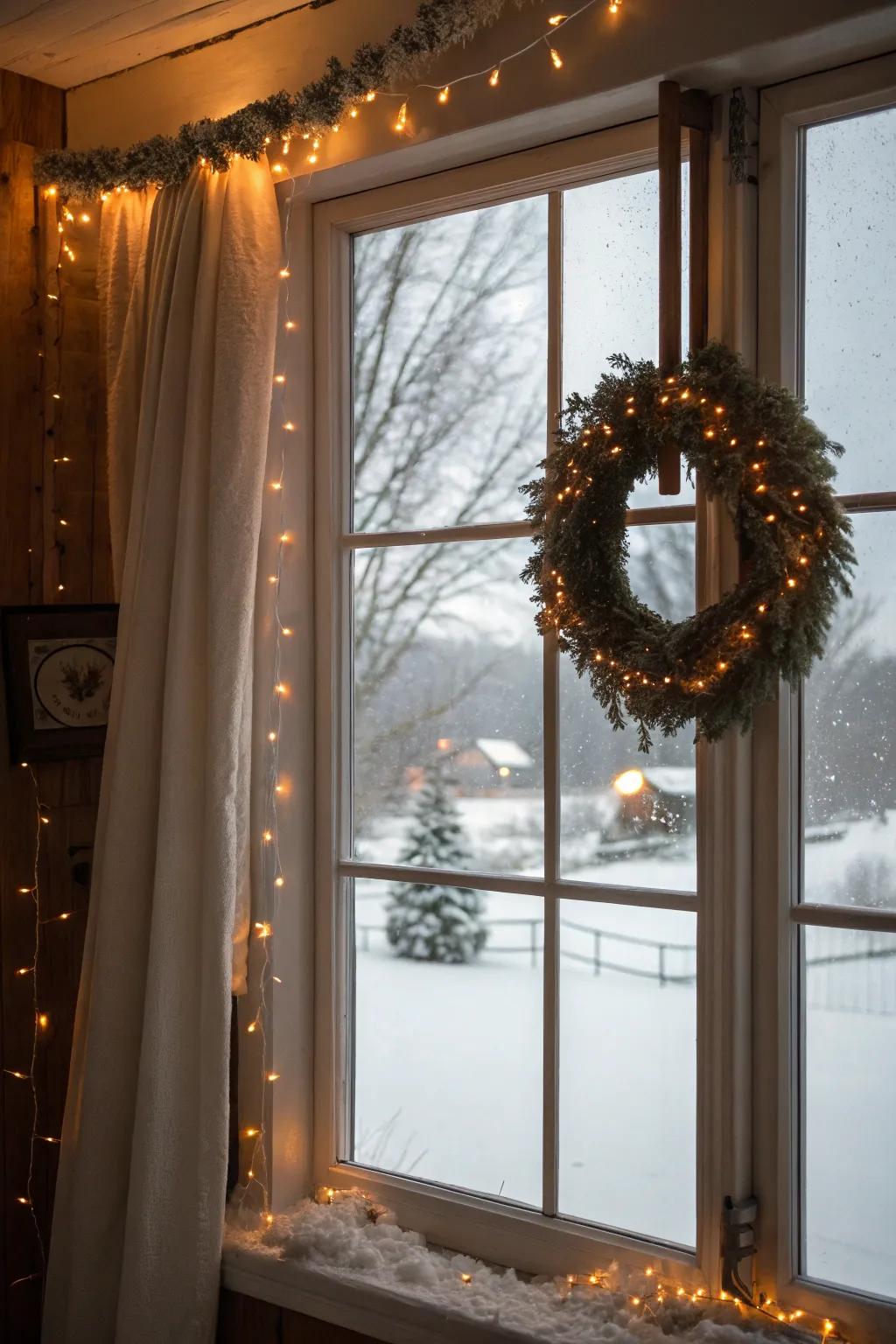 Wreaths in windows create a beautiful connection between the interior and the outdoors.