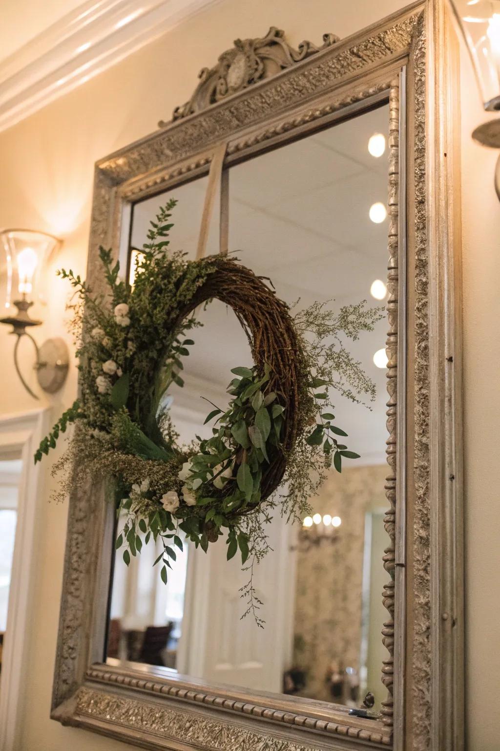 A wreath layered on a mirror doubles the visual charm in any room.