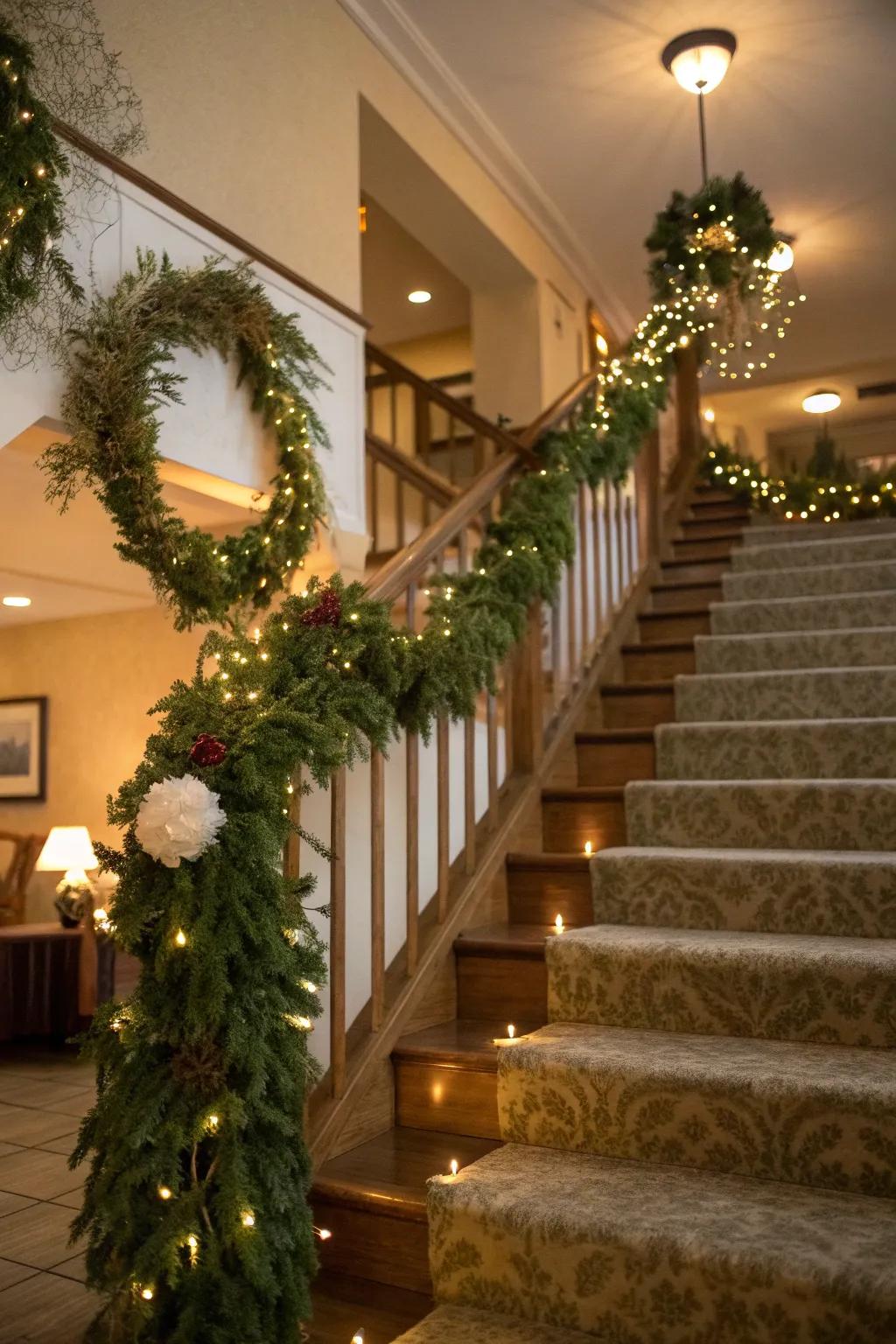 Wreaths along the staircase create a festive and welcoming path.