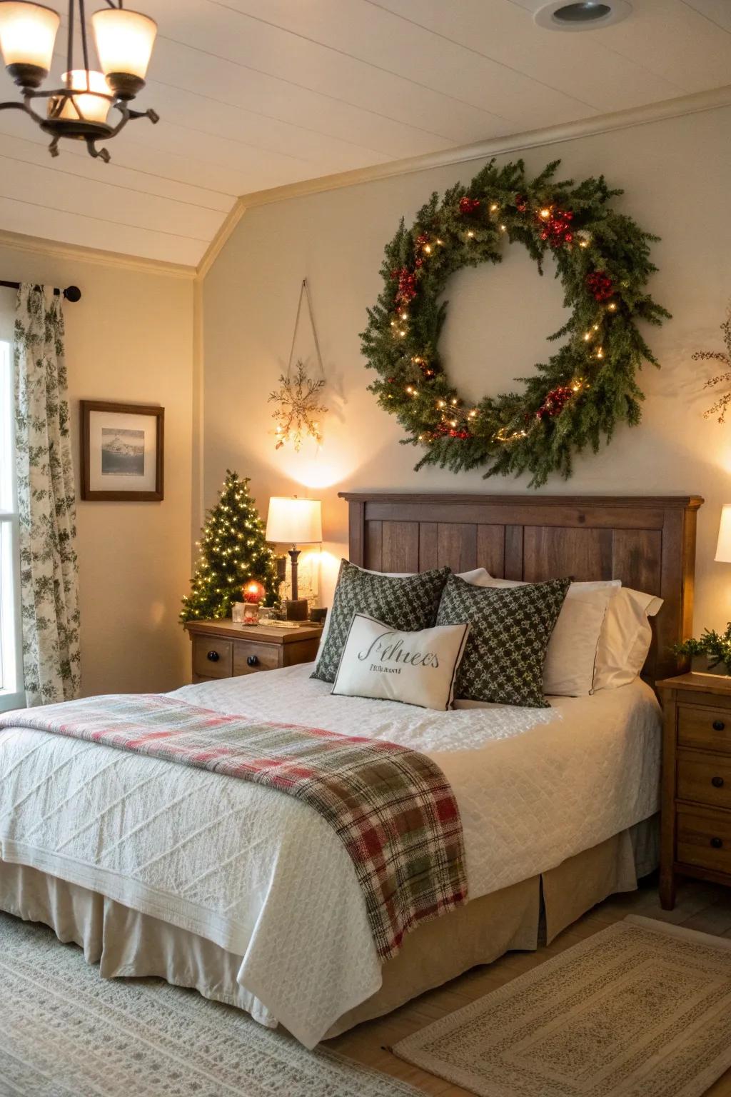 A wreath above the bed brings cozy holiday cheer to the bedroom.
