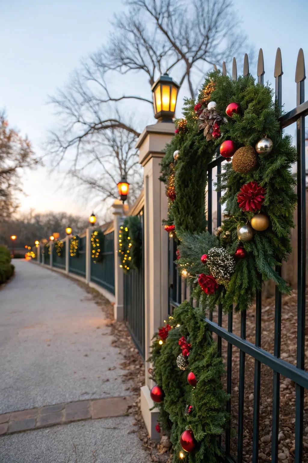Wreaths on the fence create a warm and welcoming outdoor display.