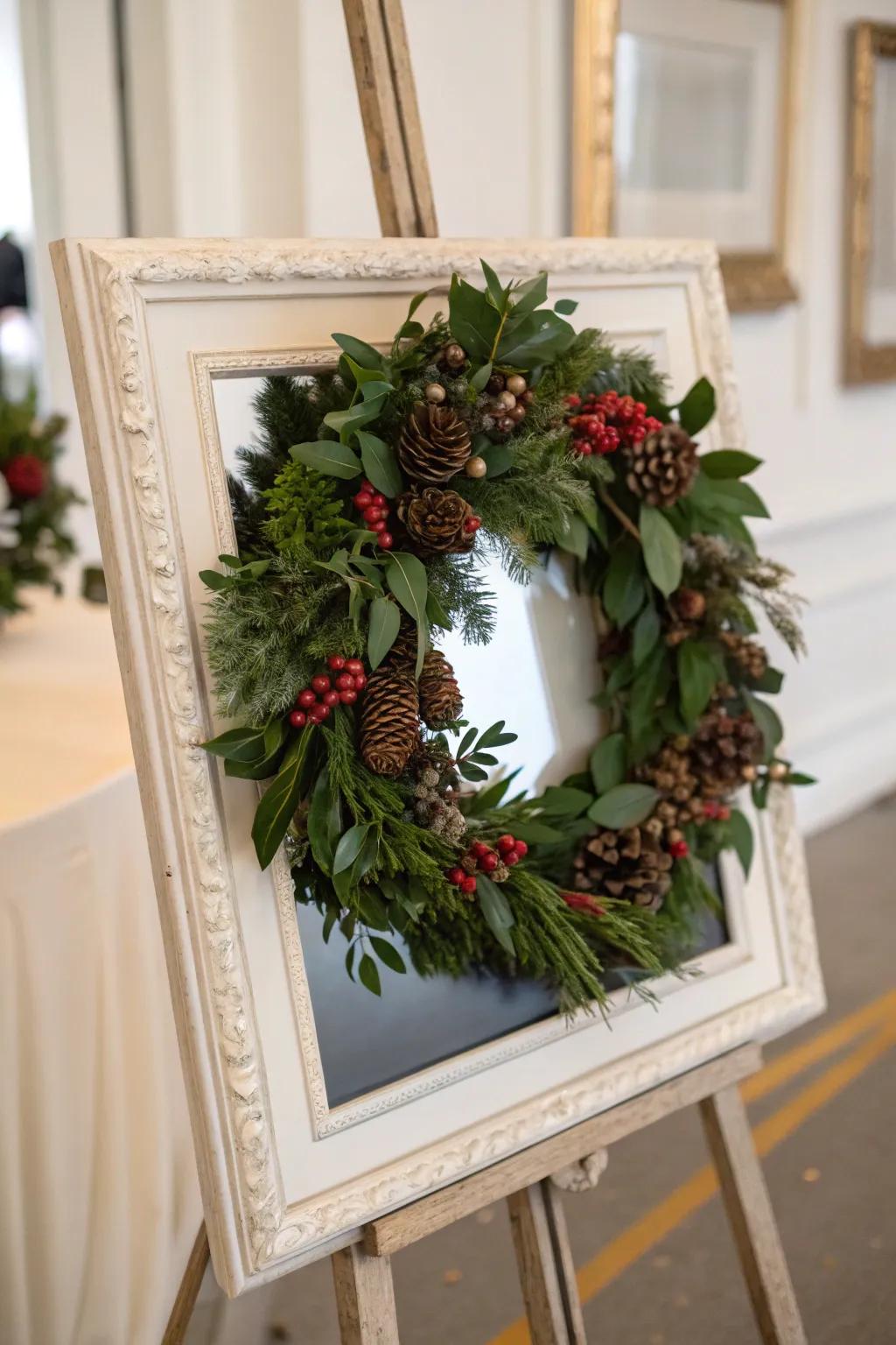 A framed wreath transforms it into a sophisticated piece of art.