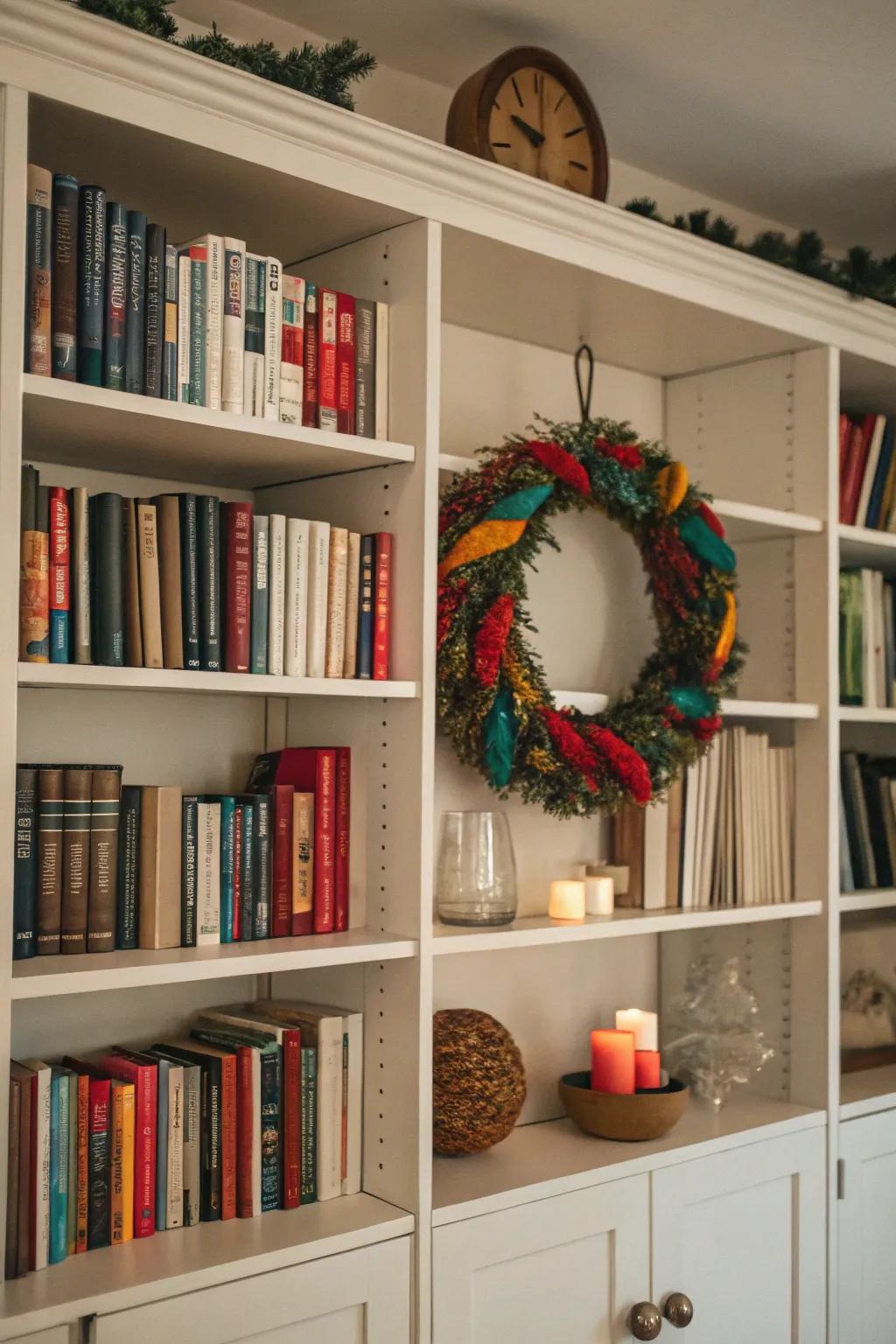 A wreath on the bookshelf adds a splash of color and festive charm.