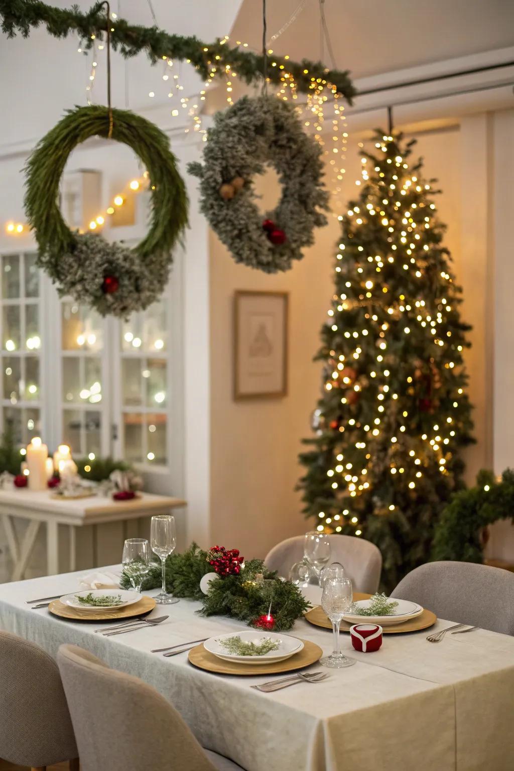 Floating wreaths above the table create a whimsical dining experience.