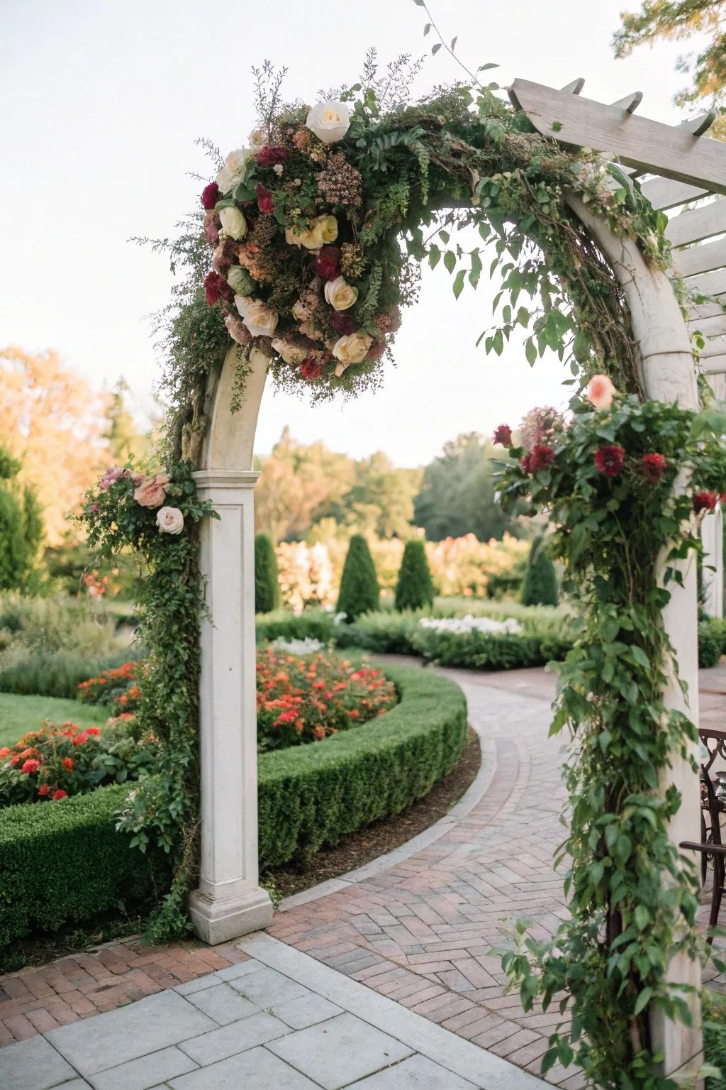 A wreath on the garden archway adds a touch of magic to the outdoor area.