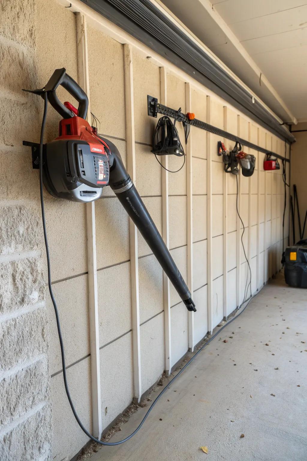 Leaf blower neatly stored on a garage wall with sturdy wall-mounted hooks.