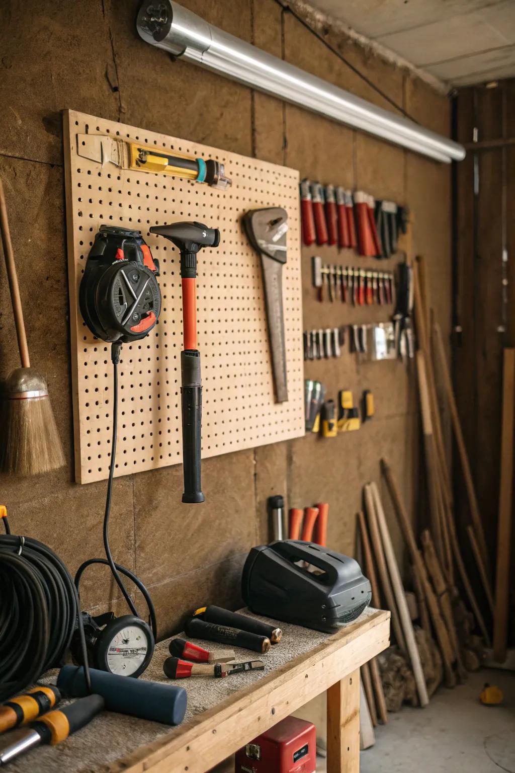 Versatile pegboard setup for storing a leaf blower and other tools.