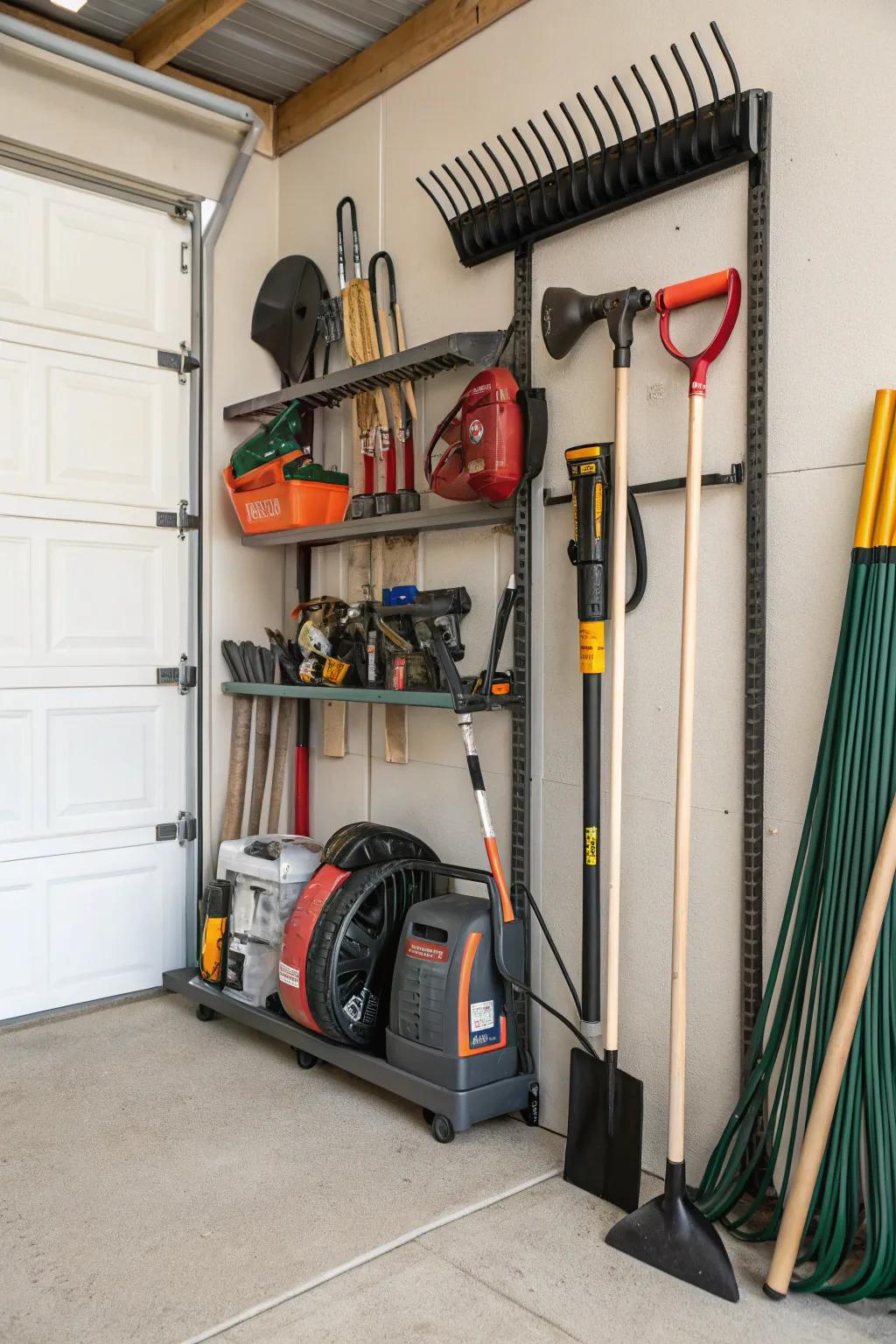 Compact vertical storage rack for organizing gardening tools and a leaf blower.