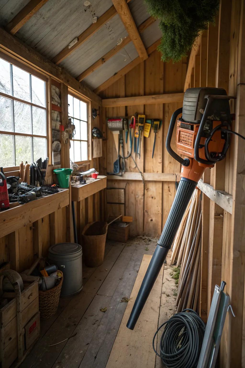 Shed wall hooks providing convenient storage for a leaf blower.