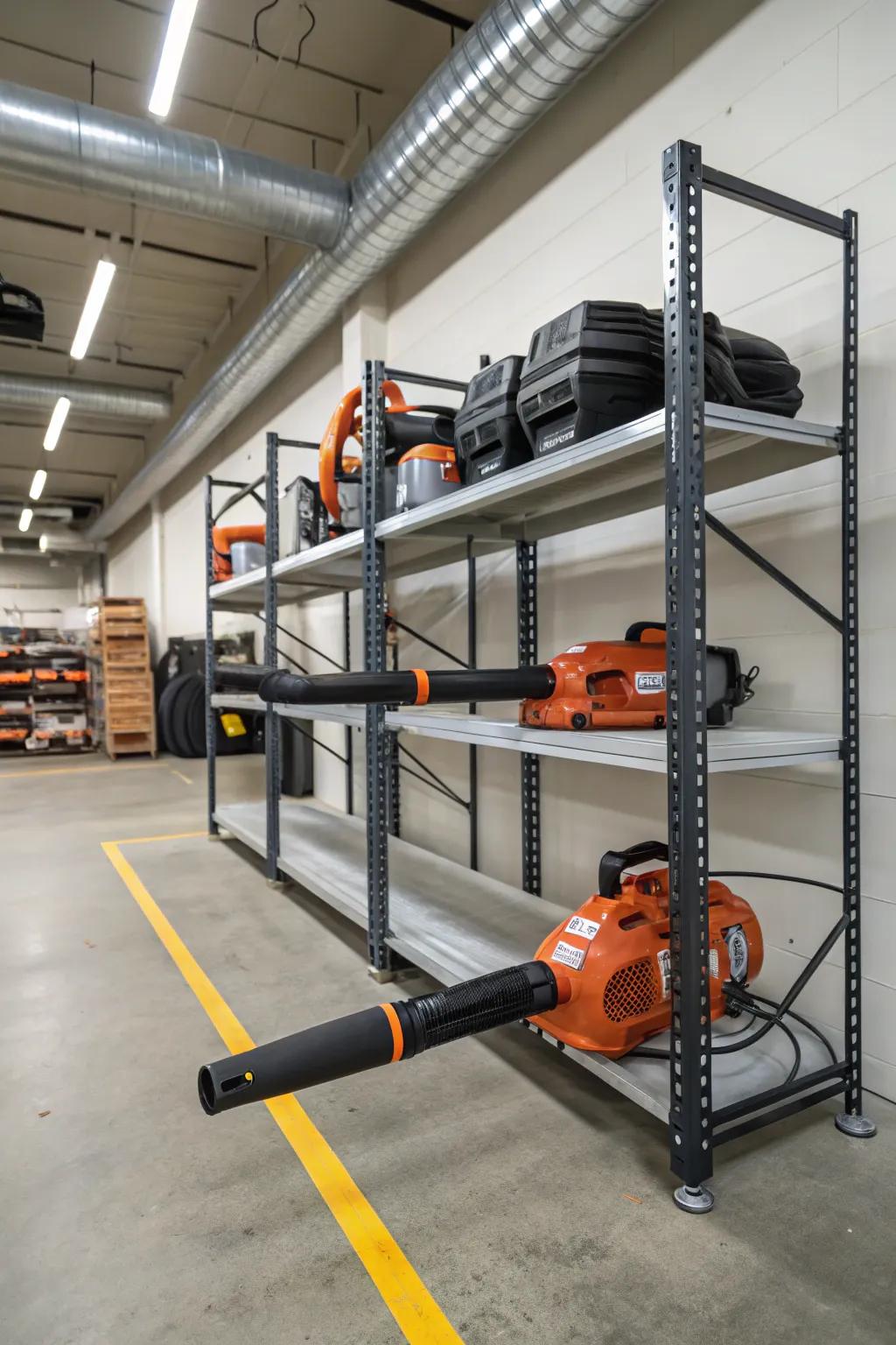 Adjustable metal racks offering flexible storage for a leaf blower.