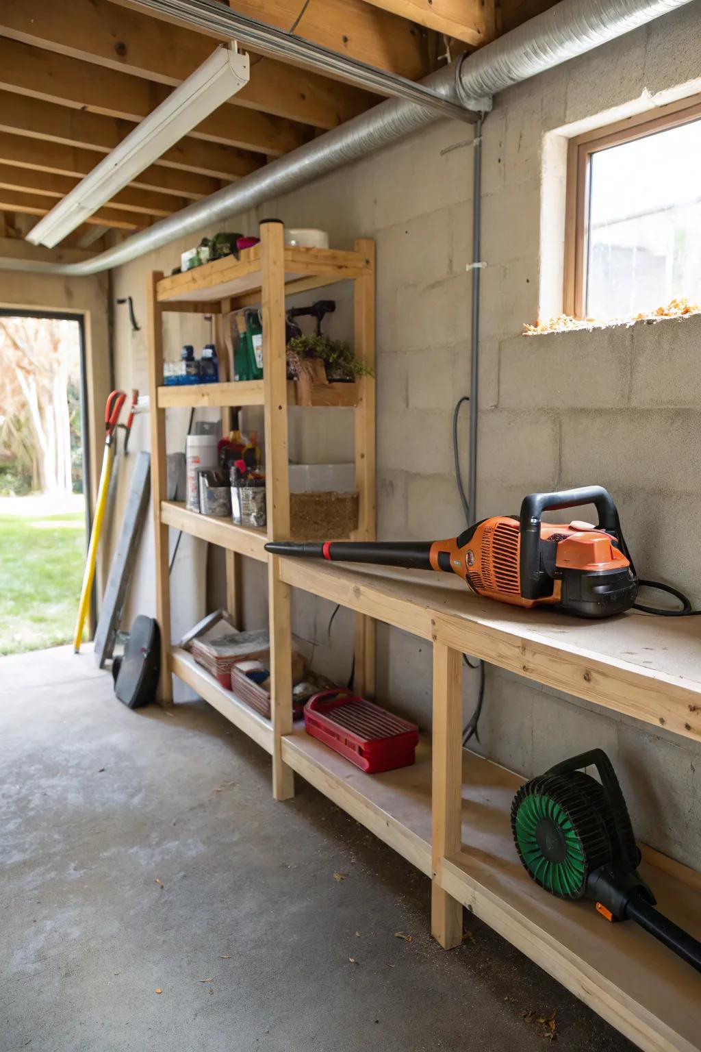 Efficient corner shelf storage for a leaf blower making use of awkward space.