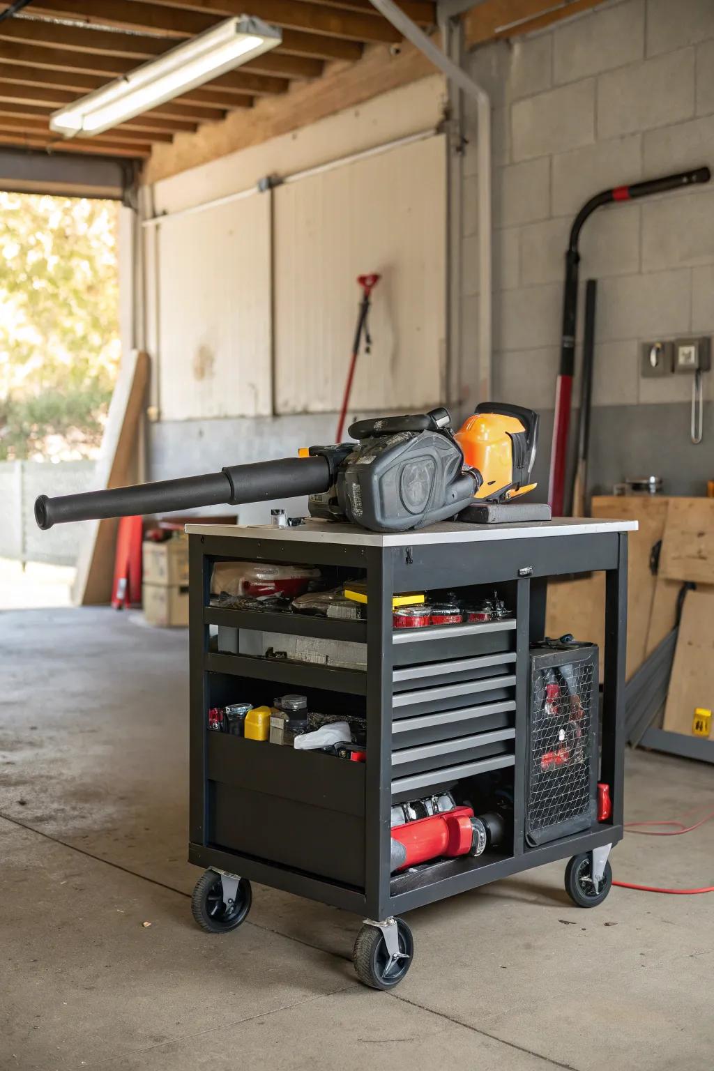 Mobile rolling tool cart providing convenient storage for a leaf blower.