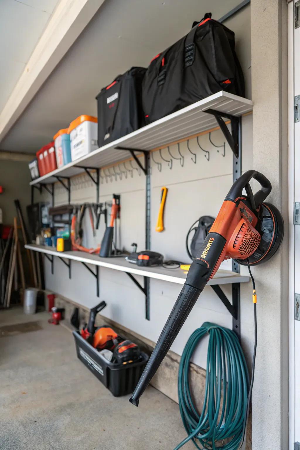 Under-shelf hooks providing space-efficient storage for a leaf blower.