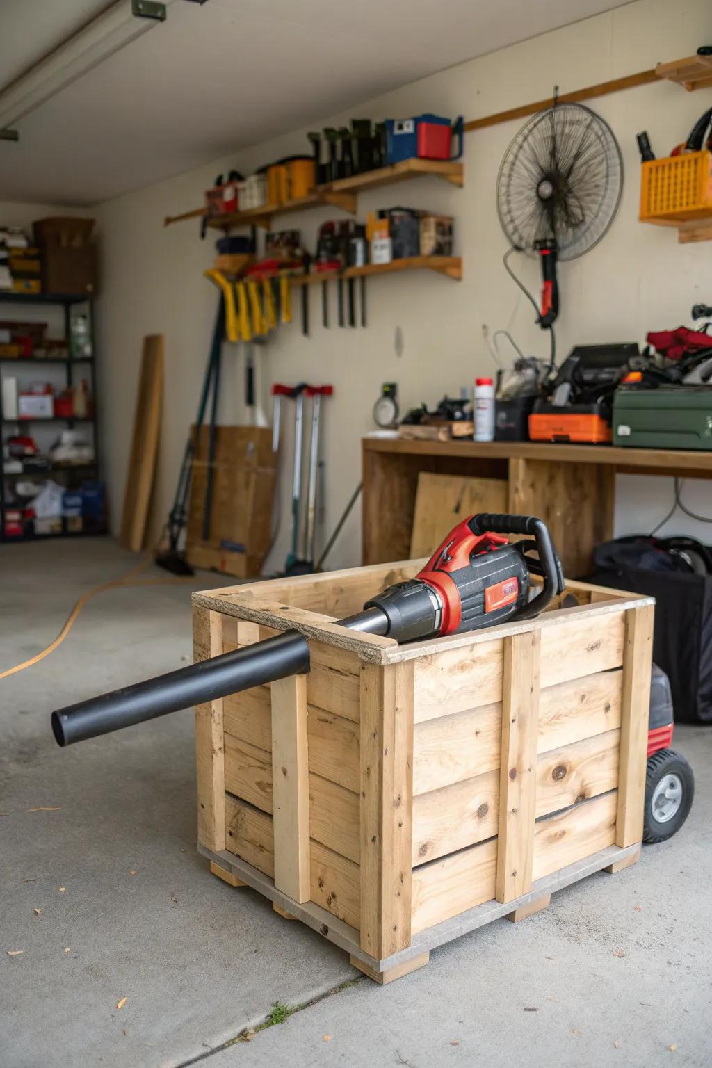 DIY wooden crate providing rustic storage for a leaf blower.
