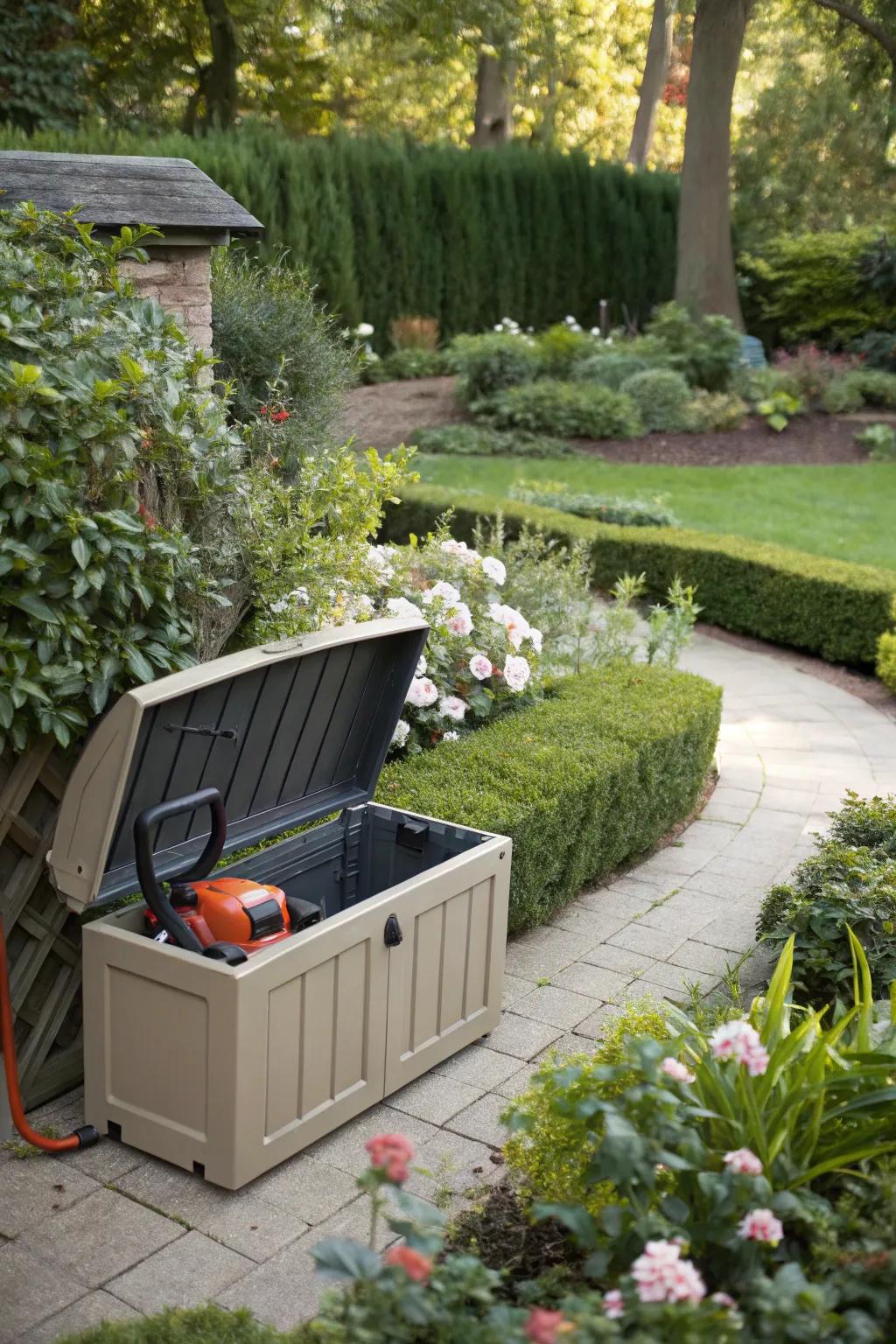Multifunctional outdoor storage bench discreetly housing a leaf blower.