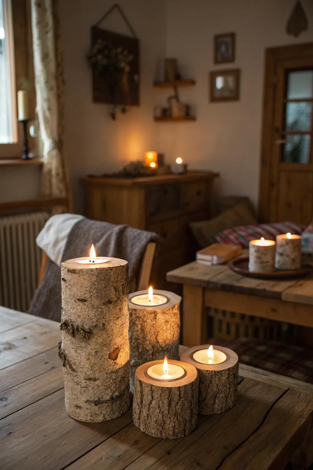 Illuminate your space with bark tea light holders.