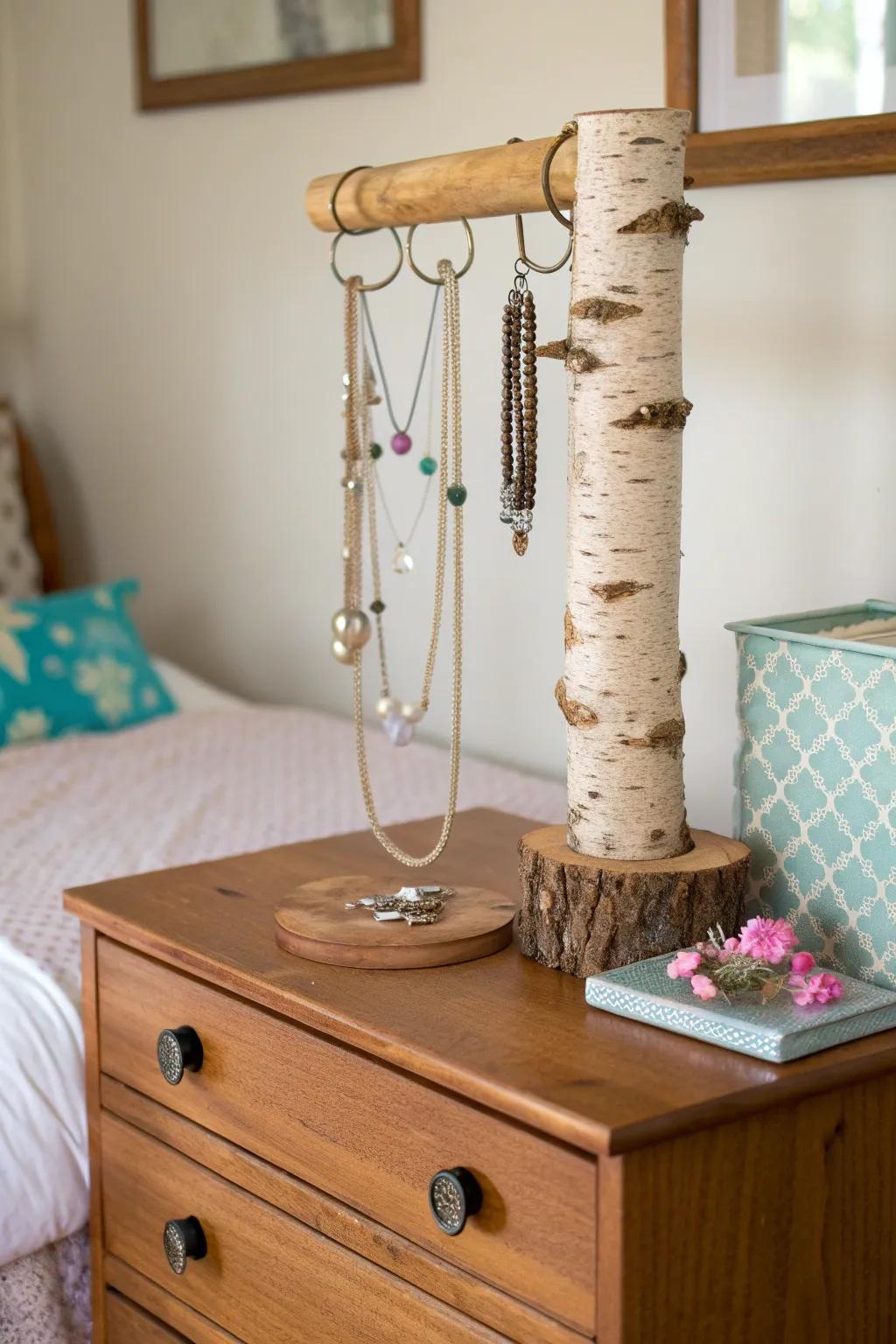 Organize your treasures with a bark jewelry hanger.