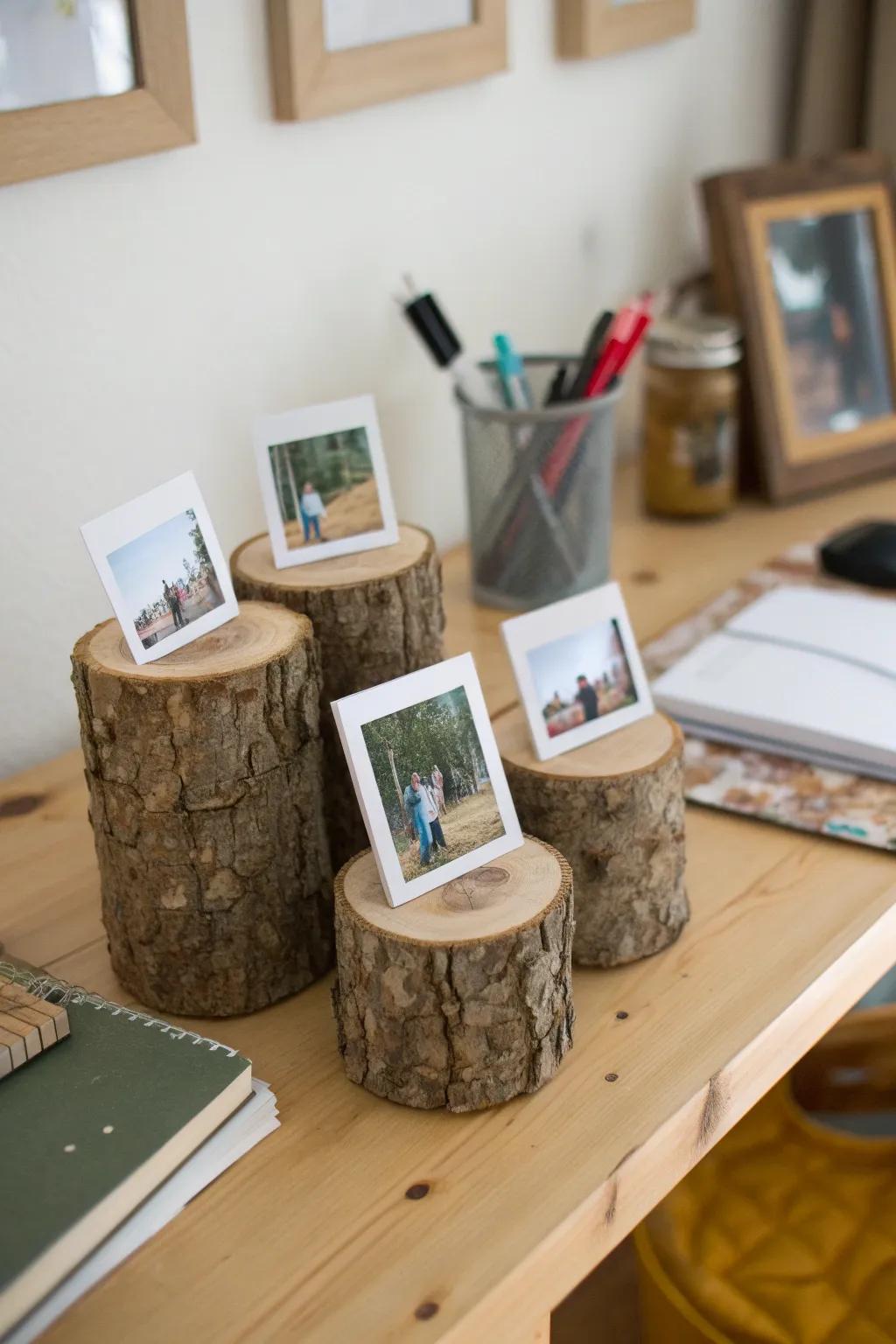 Display your memories with bark photo holders.