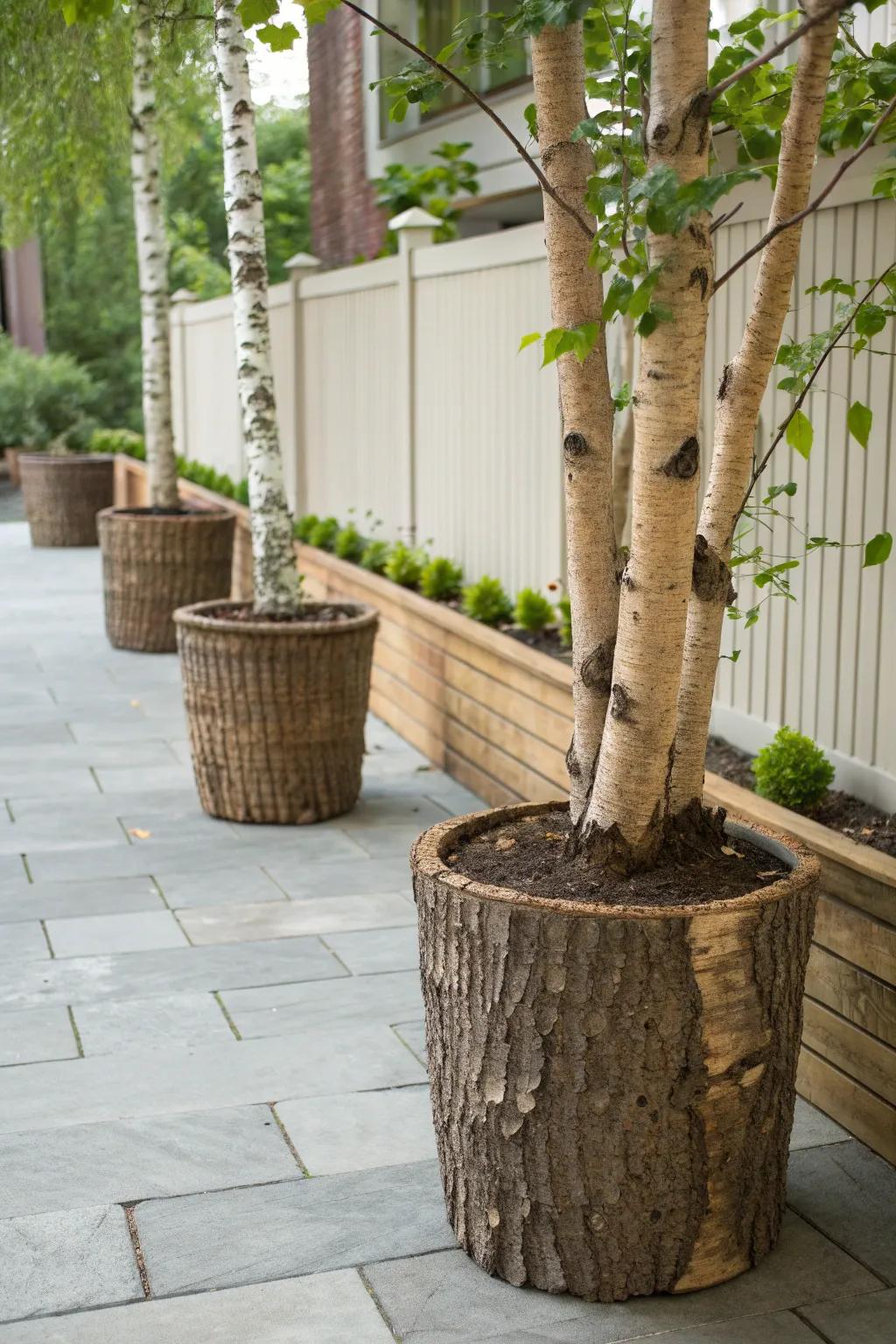 Enhance your plant collection with bark-covered planters.