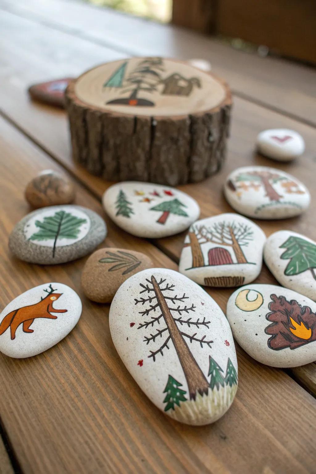 Tell a tale with painted bark story stones.