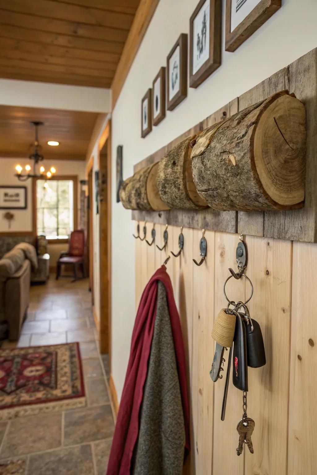Hang your essentials with bark wall hooks.
