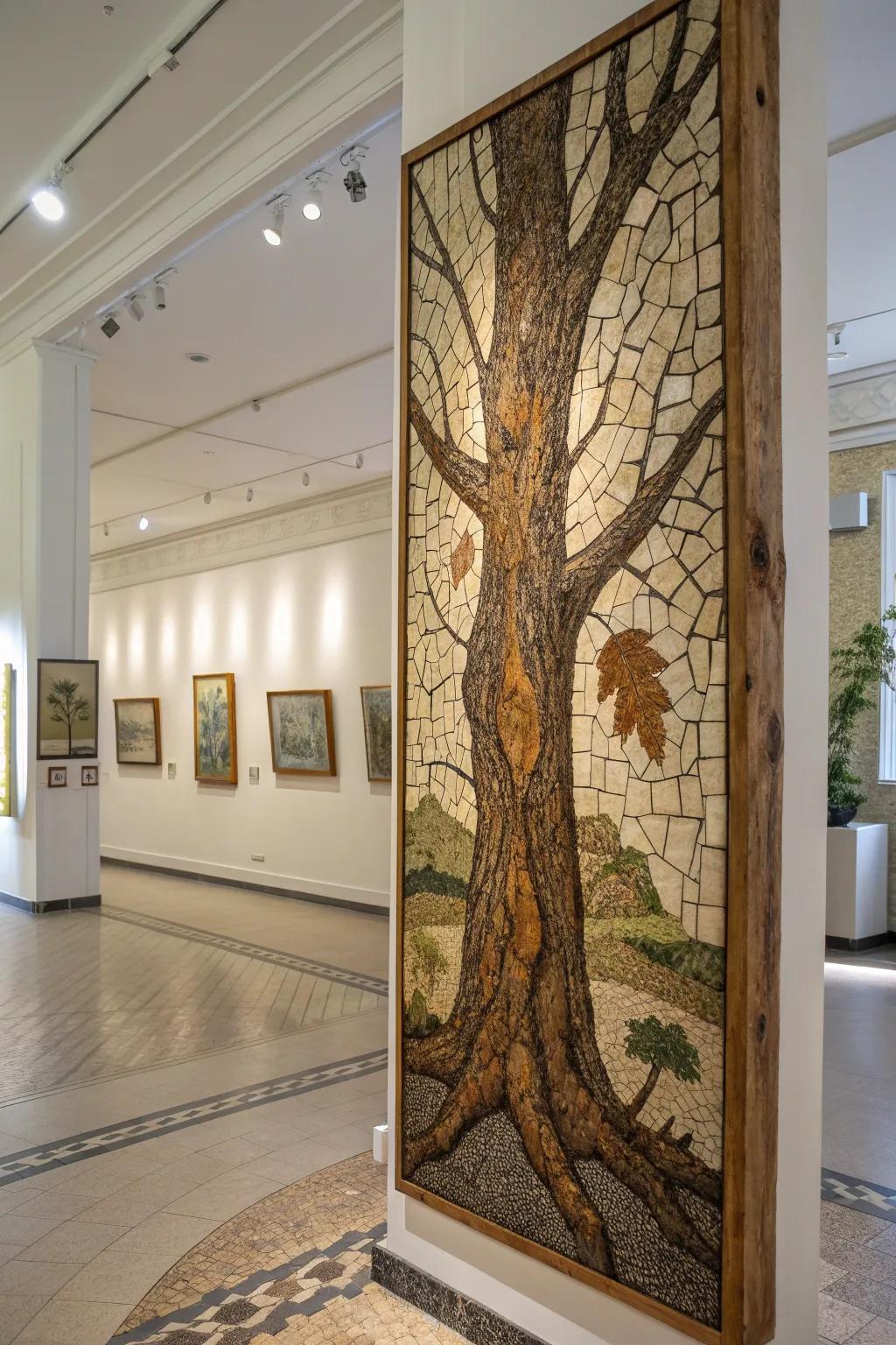Discover the intricate beauty of bark mosaic art.
