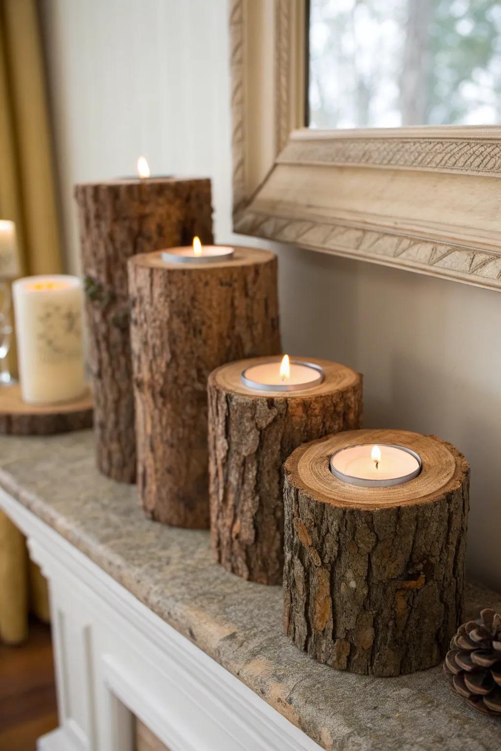 Create a cozy atmosphere with bark candle holders.