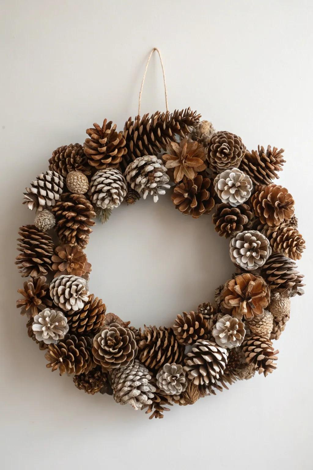 A pinecone wreath that exudes rustic elegance with its natural symmetry.