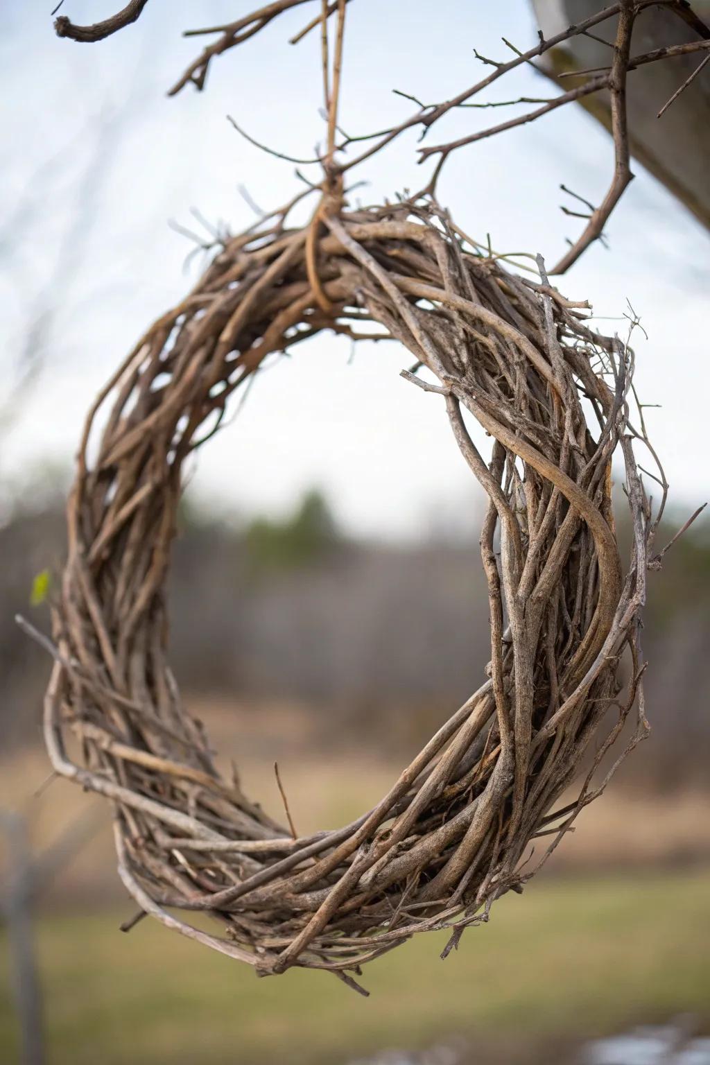Twisted branches form a beautifully raw and organic wreath design.