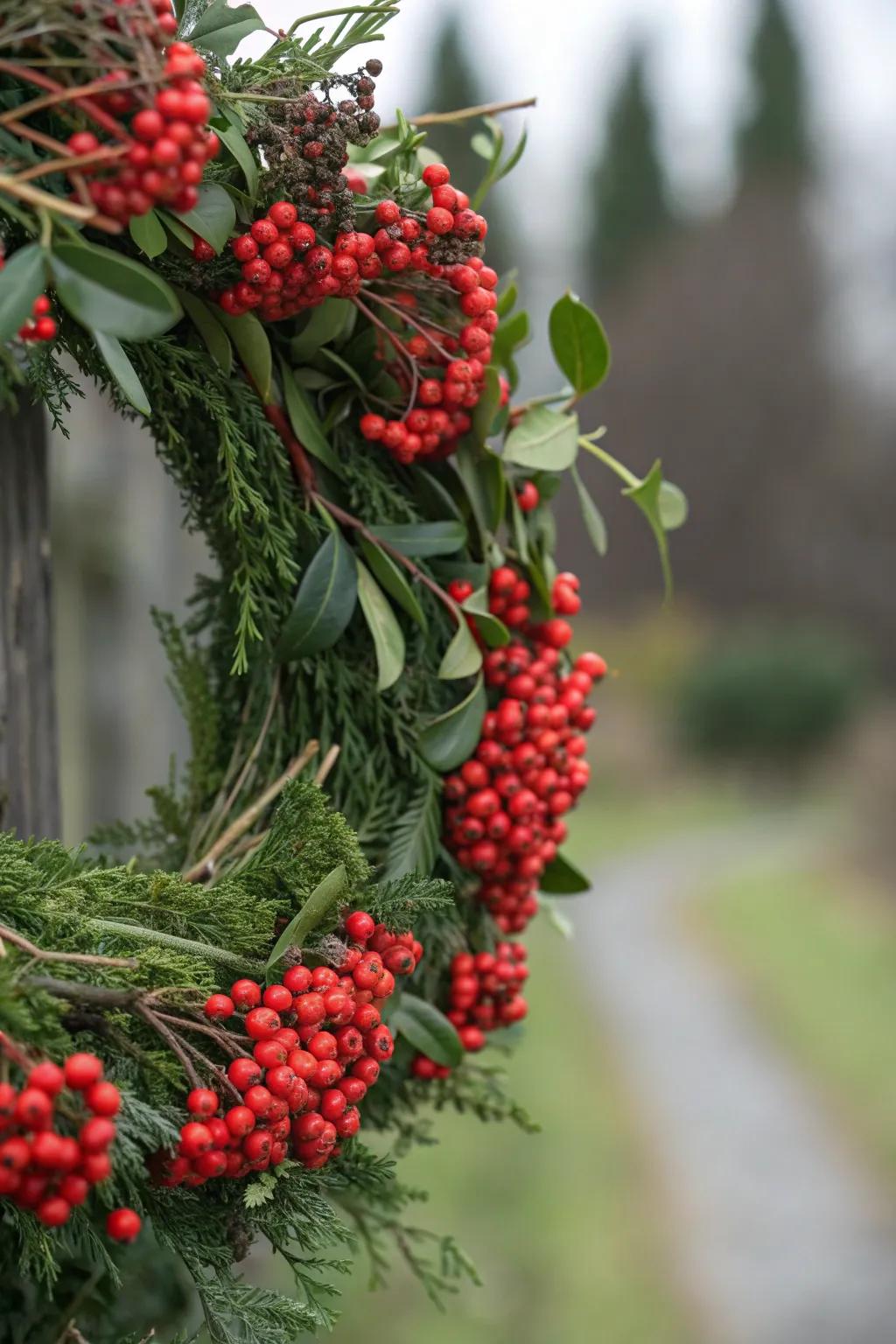 Vibrant red berries add a festive touch to this natural wreath.