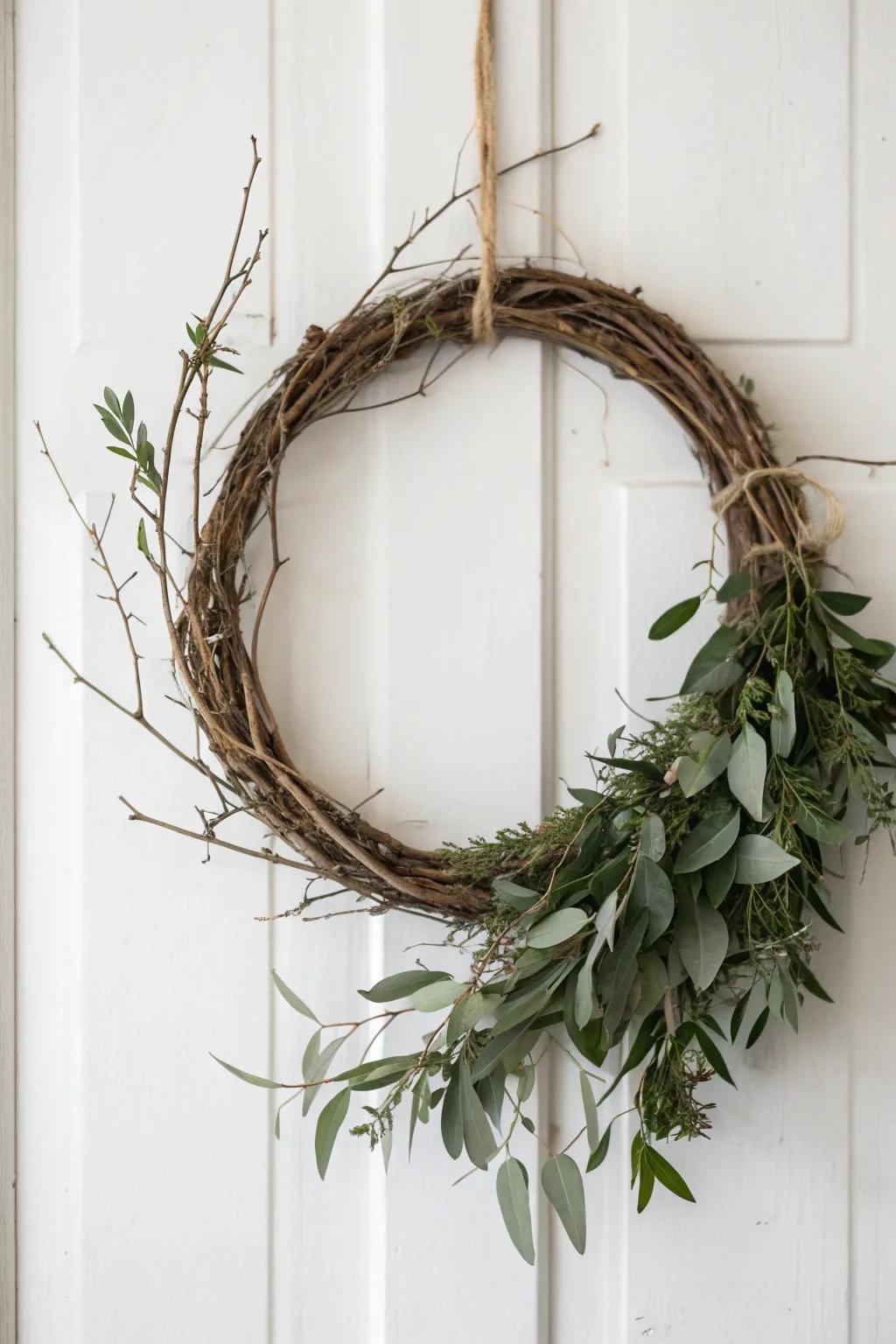 A minimalist wreath that celebrates simplicity with its raw elements.