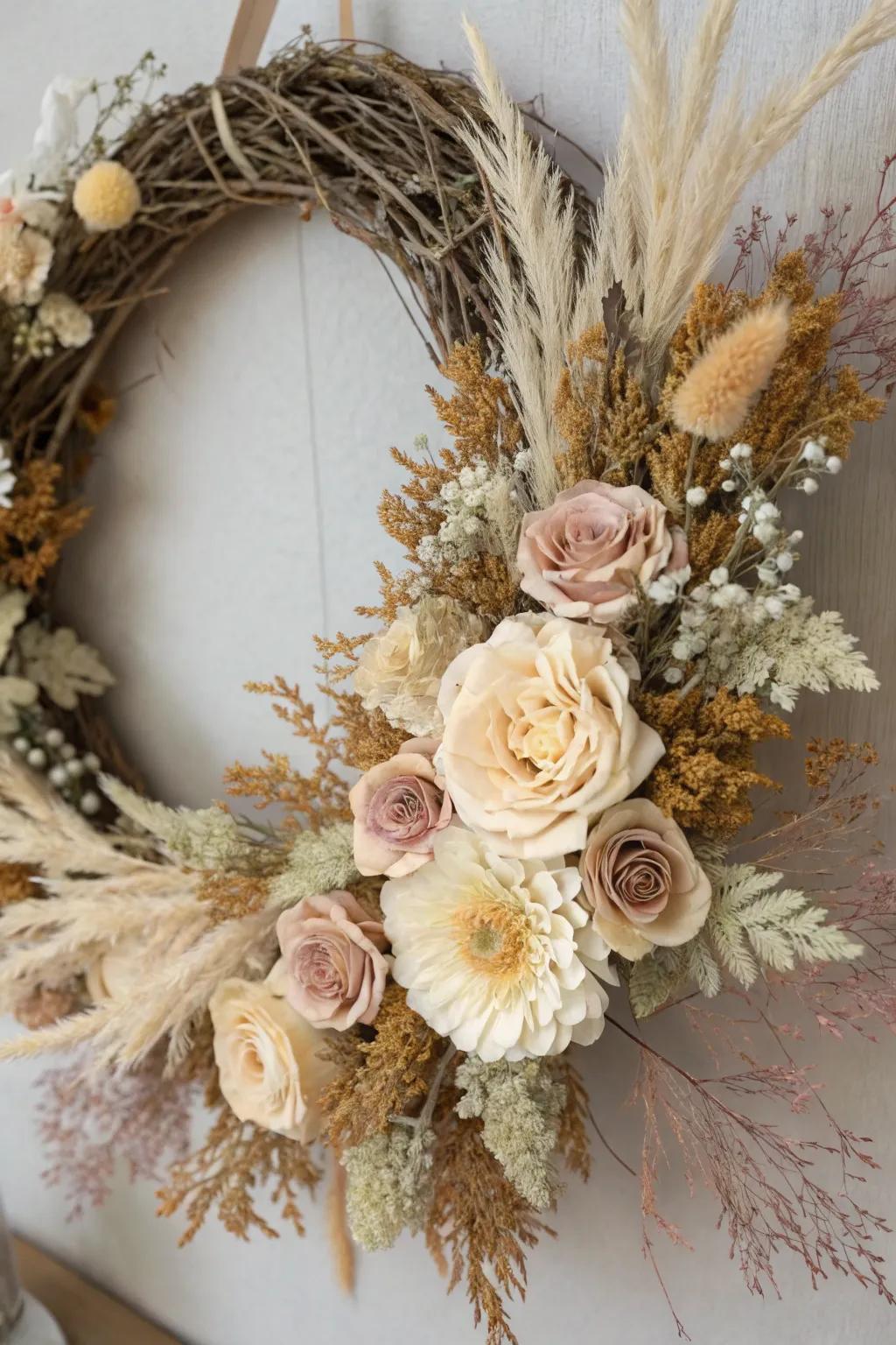 Dried flowers lend a vintage touch to this exquisite wreath.