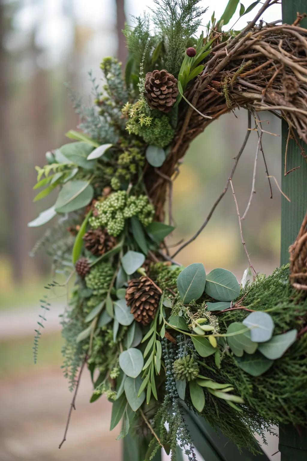 Earthy tones and greens create a harmonious natural wreath.