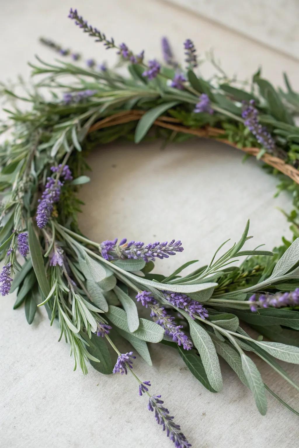 Lavender sprigs create a soothingly fragrant and visually appealing wreath.