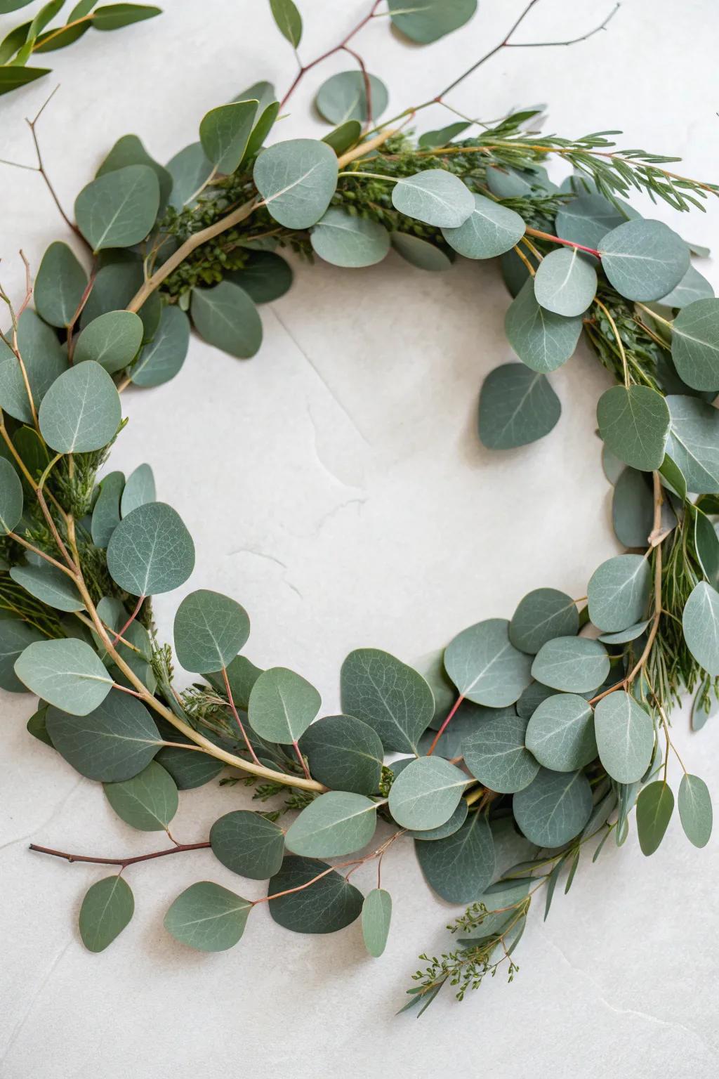 Eucalyptus leaves lend a serene elegance to this natural wreath.