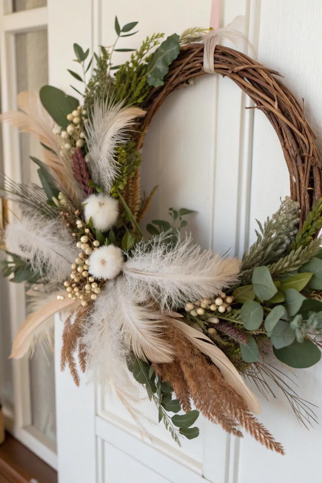 Feathers add a soft and whimsical touch to this natural wreath.