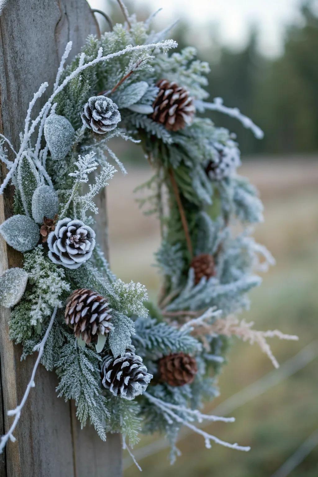 A frosted wreath that brings the magic of winter indoors.