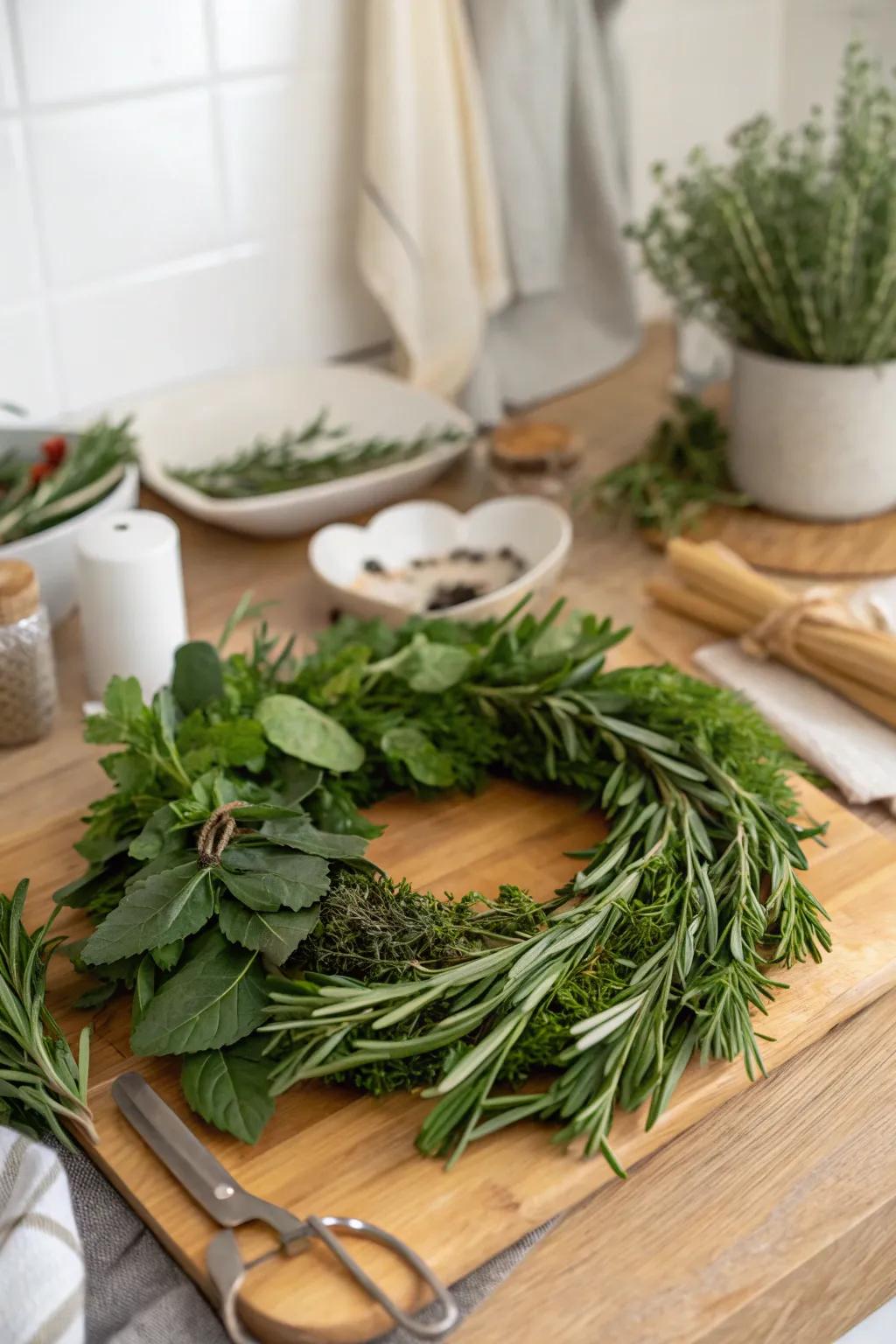 A fragrant herb wreath perfect for the kitchen or dining area.