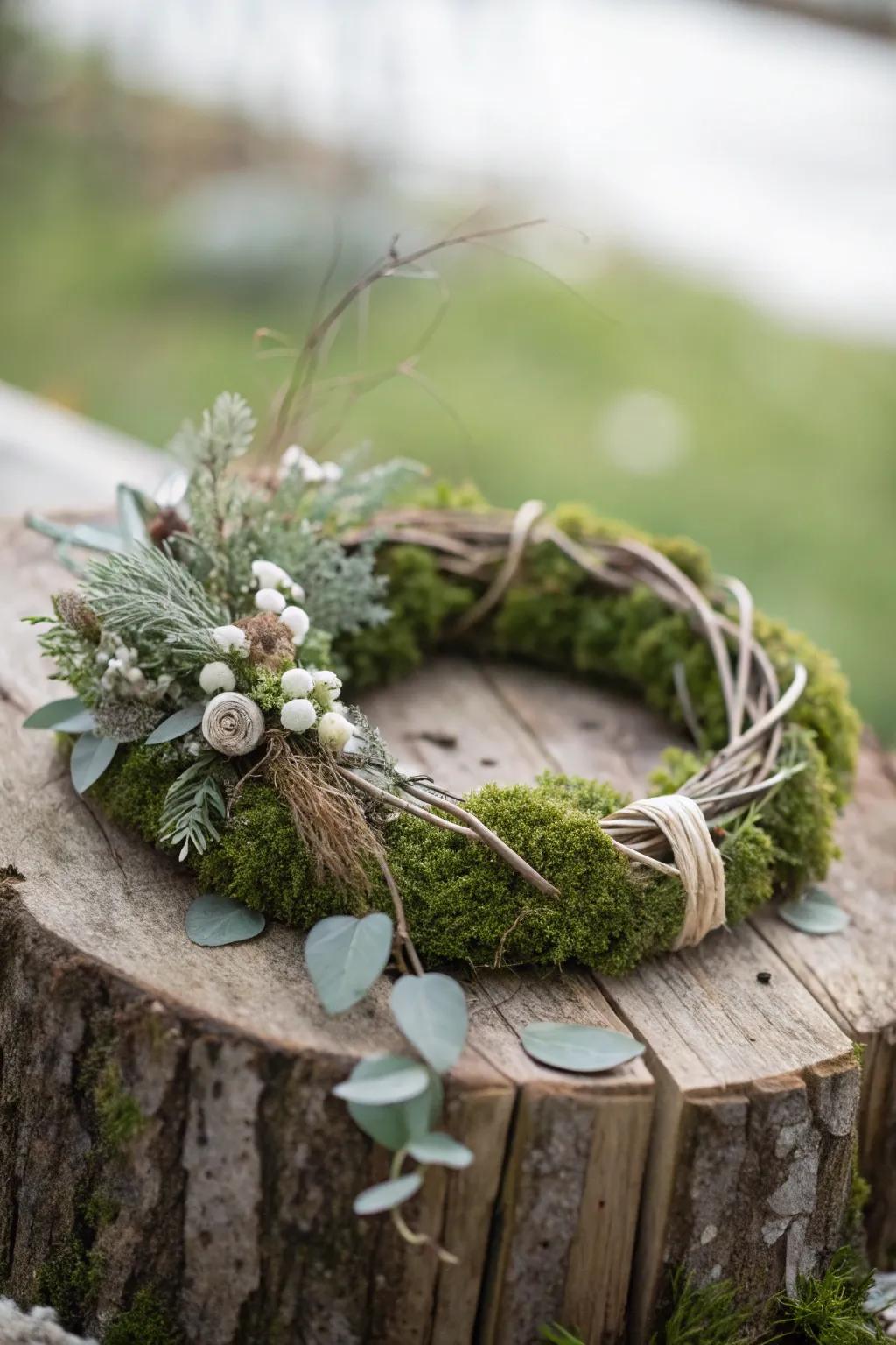 Moss provides a lush, textural foundation for this natural wreath.