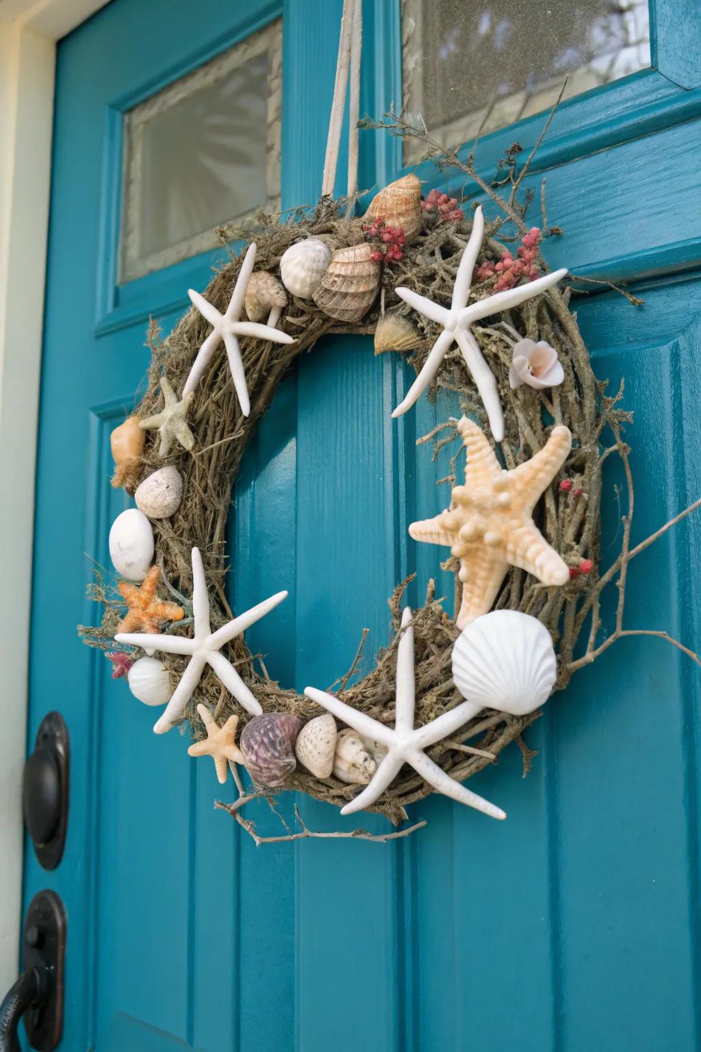 A delightful mix of seashells and starfish creates a coastal charm.