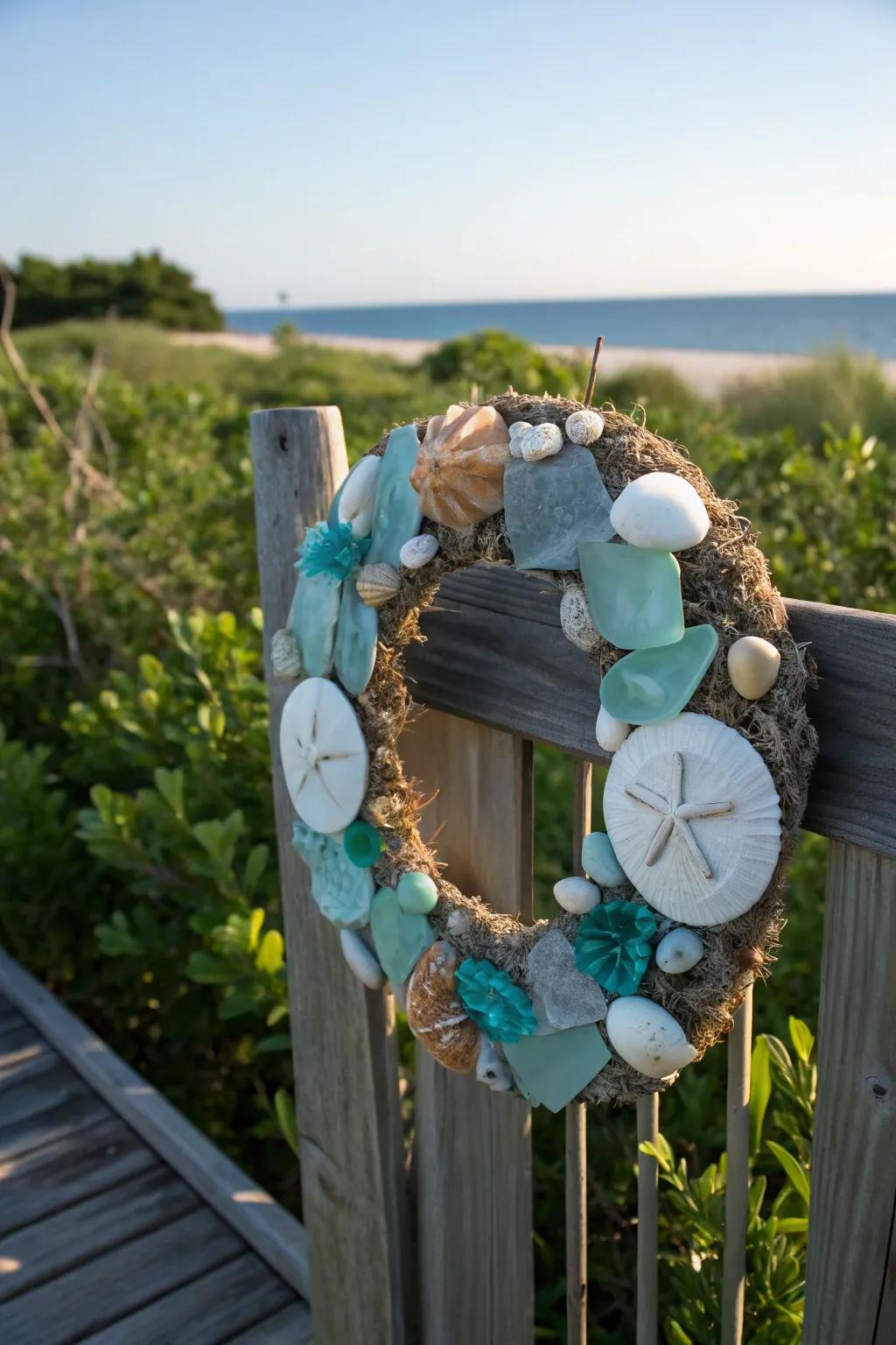 Treasures from the tides: a wreath filled with beachcombing wonders.
