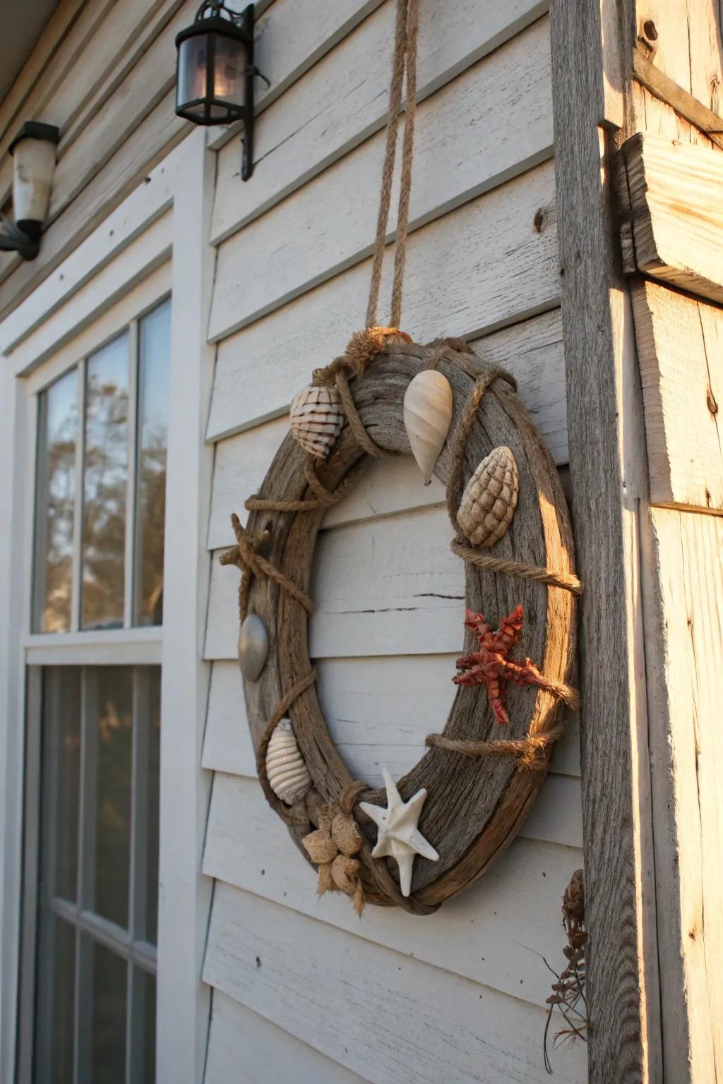 Weathered wood pieces create a coastal charm that's timeless.