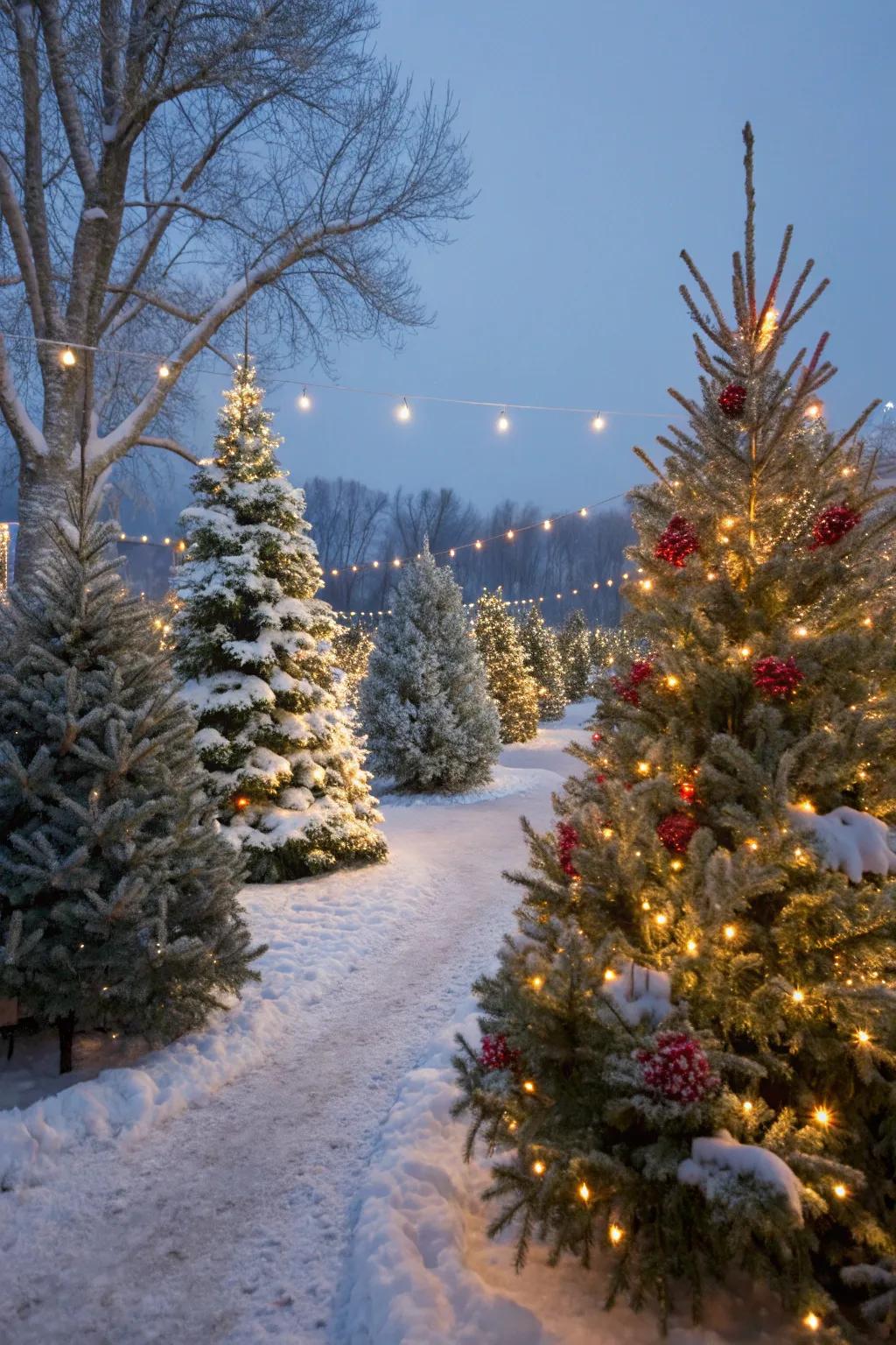 A winter wonderland theme enchants the tree lot.