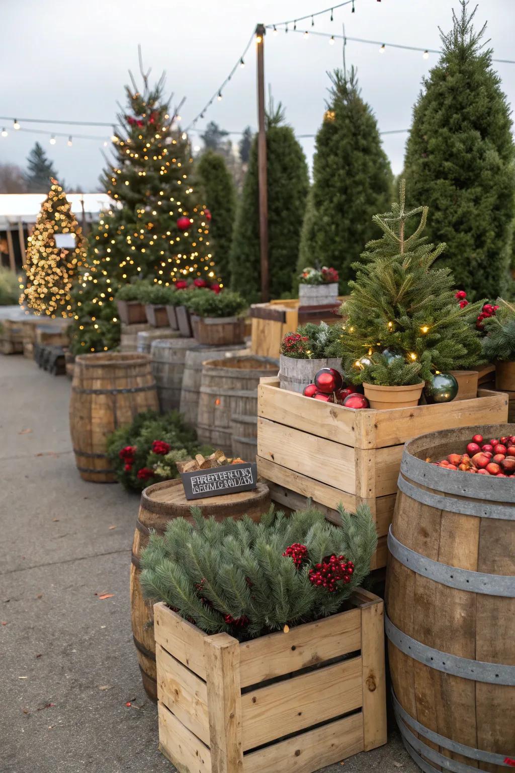Barrels and crates create a rustic display area.